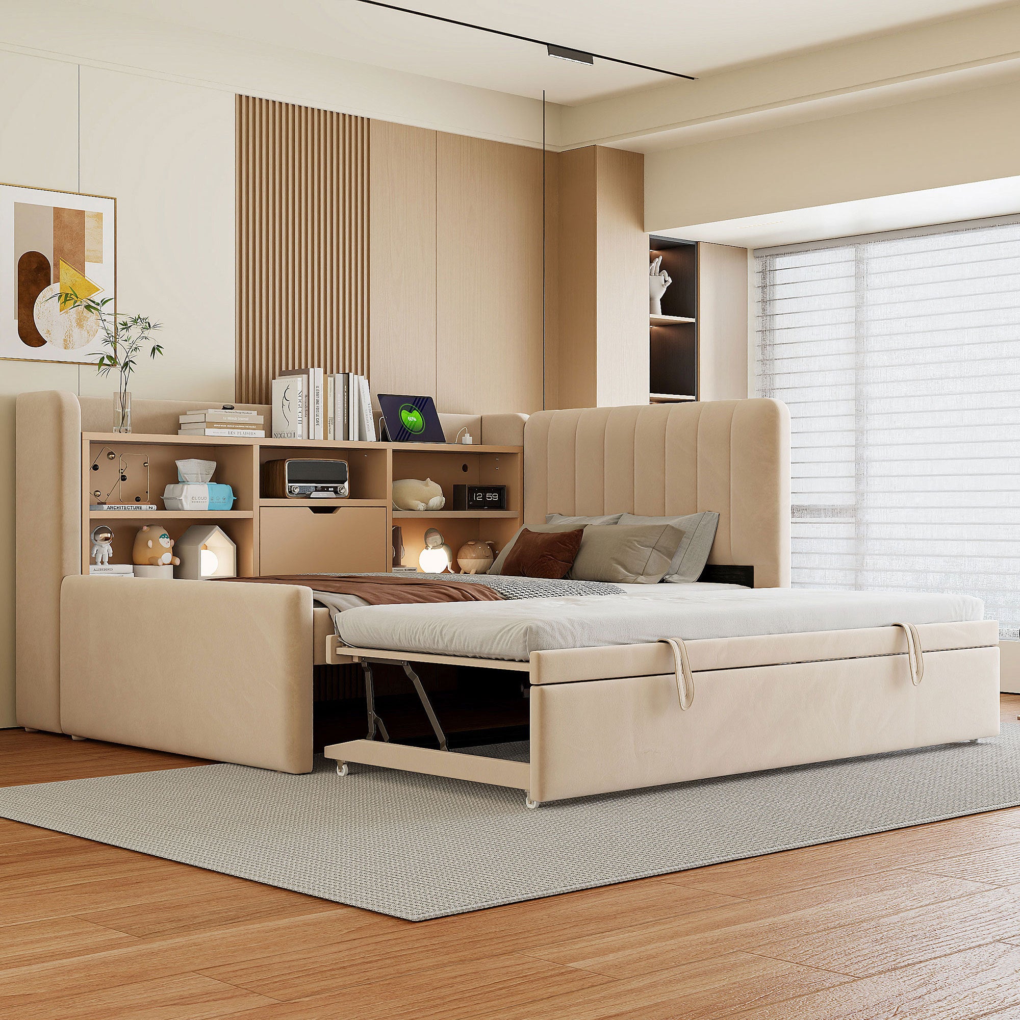 Twin Upholstered Daybed with Trundle, Storage, USB/Outlet (Beige)