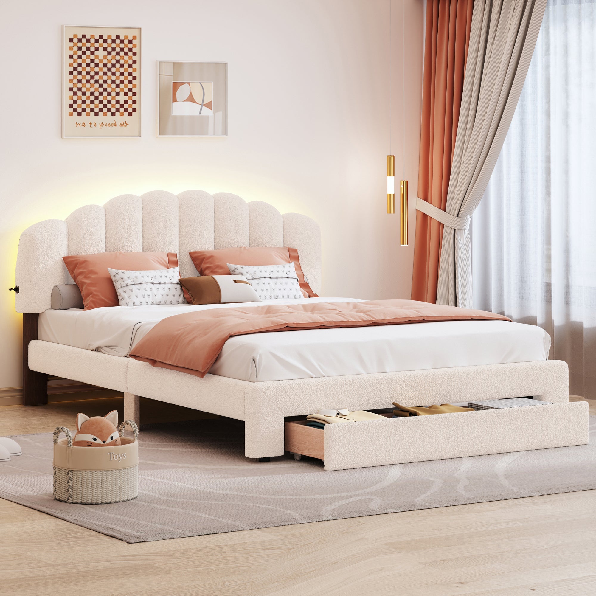 Beige Teddy Fleece Queen Upholstered Platform Bed with Drawer