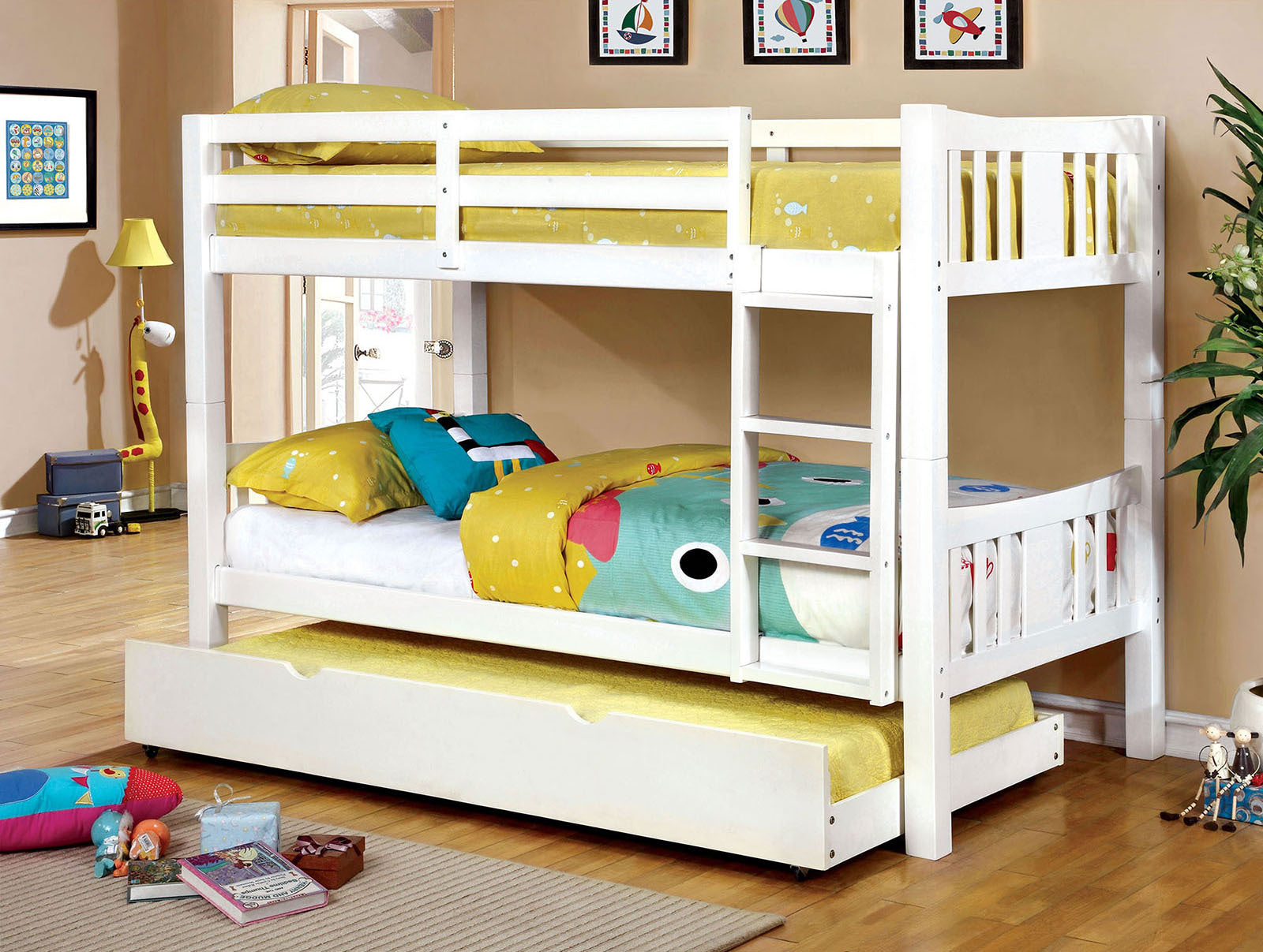 Transitional White Wood Twin Over Twin Bunk Bed with Ladder, Rails