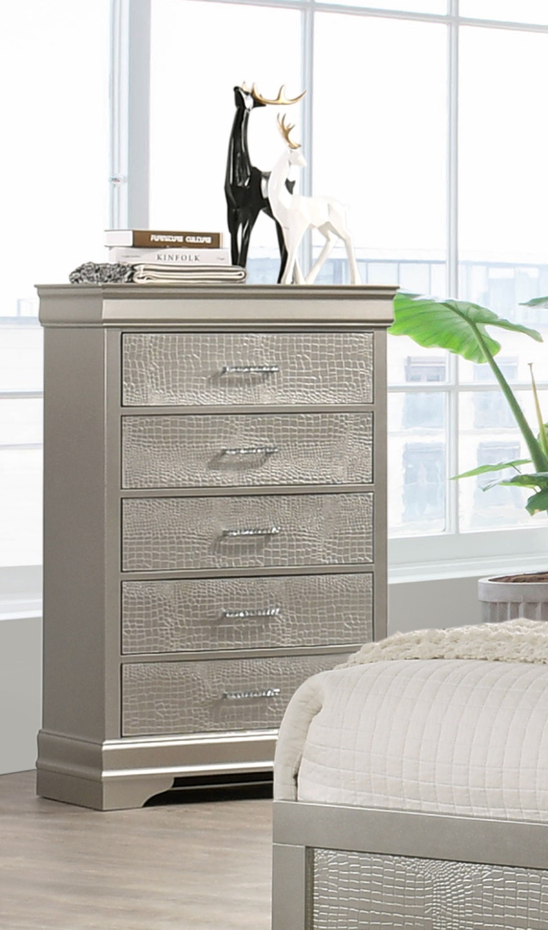 Modern 5-Drawer Tall Chest Beige Solid Wood Bedroom