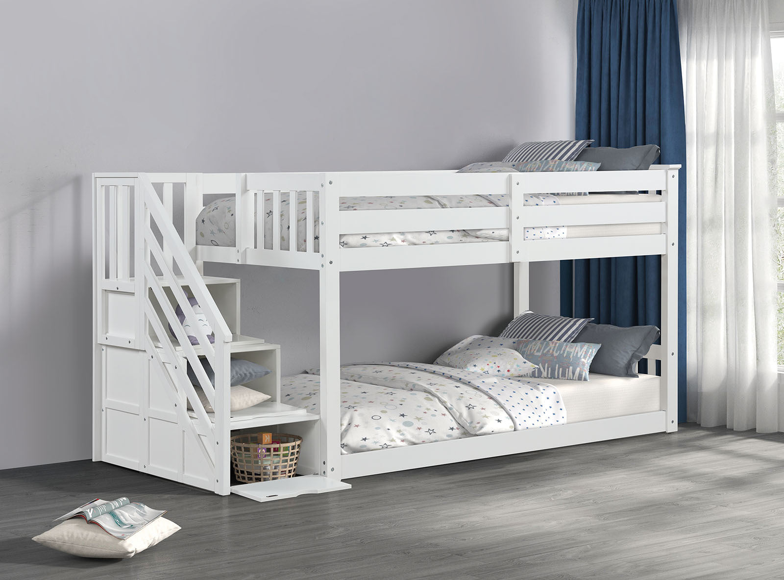 Transitional Twin Low Bunk Bed with Storage, Staircase - White