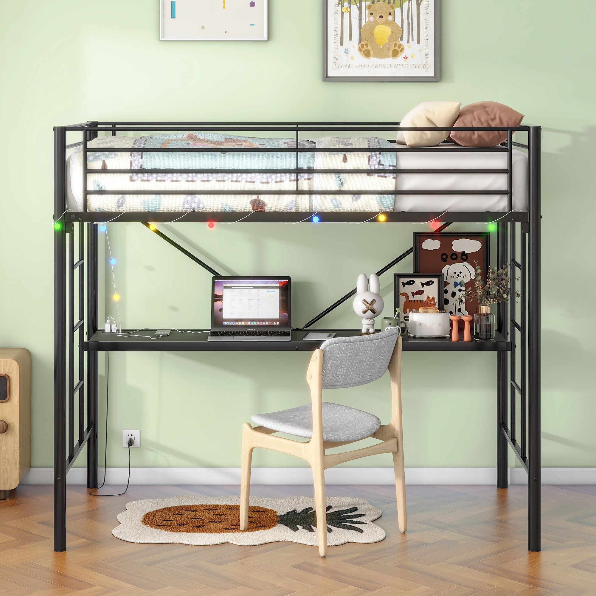 Twin Metal Loft Bed with Desk, Power Outlet, LED Light, Safety Ladder, Black