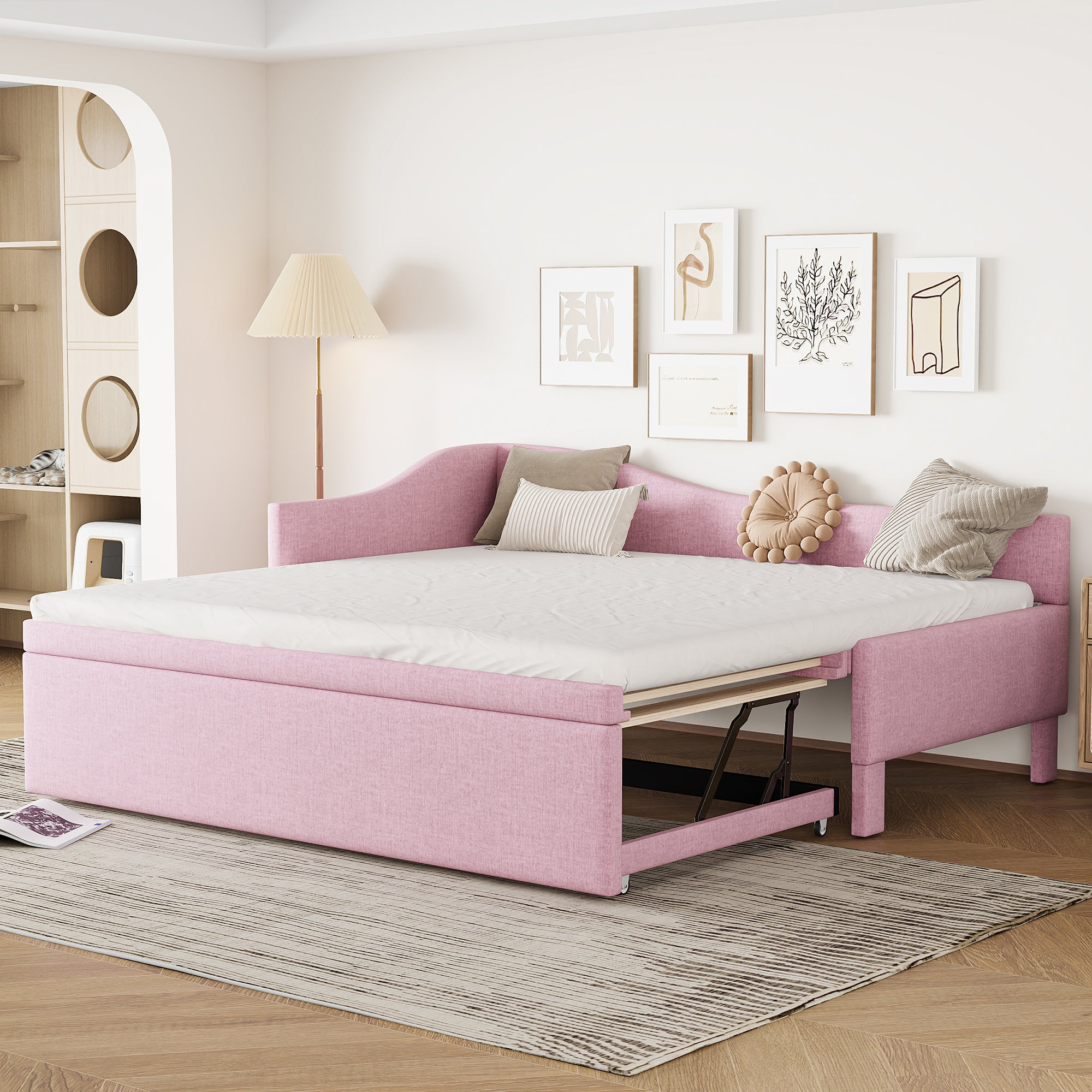 Pink Twin L-Shaped Daybed with Pop-Up Trundle - Upholstered