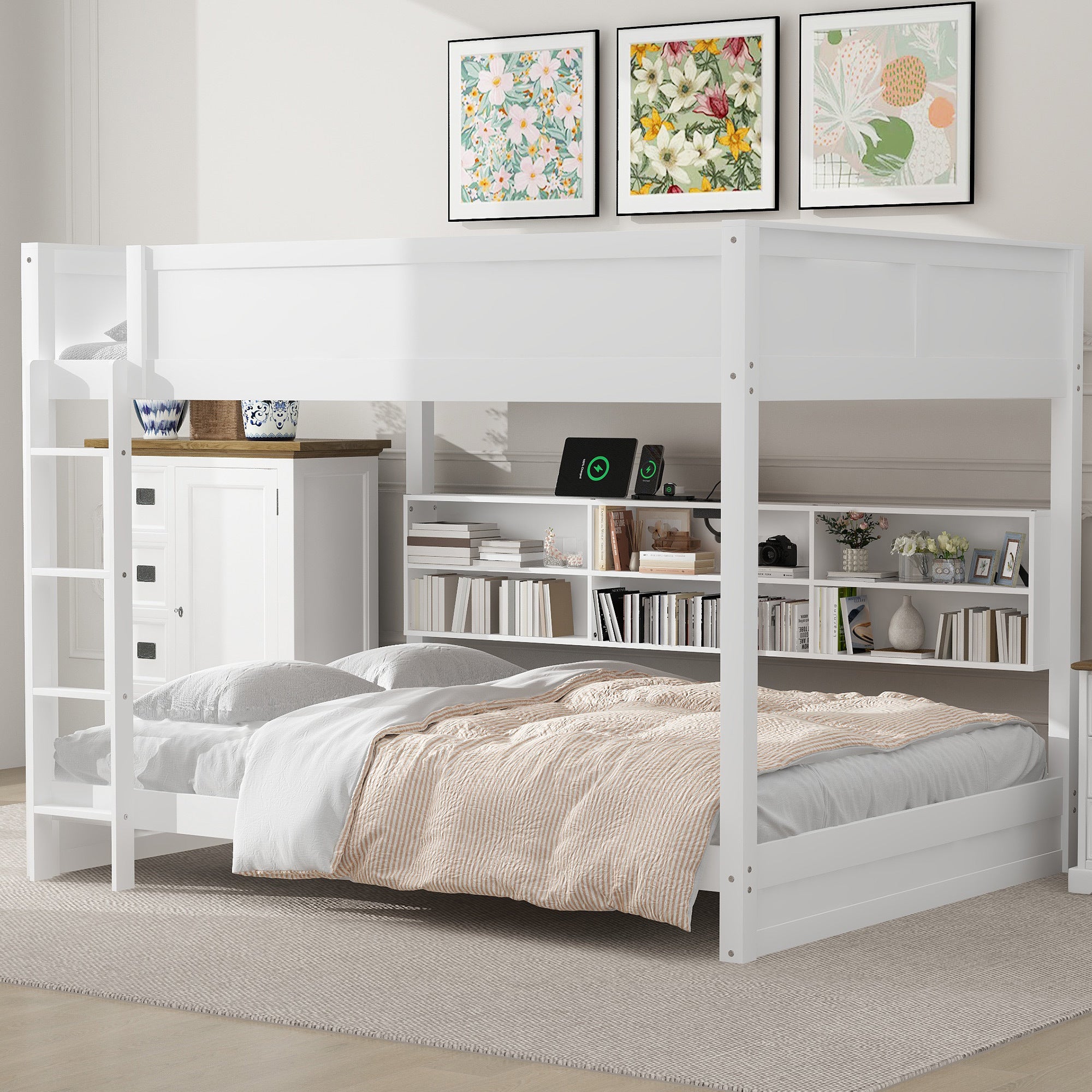 White Queen over Queen Bunk Bed w/ Storage & USB Ports
