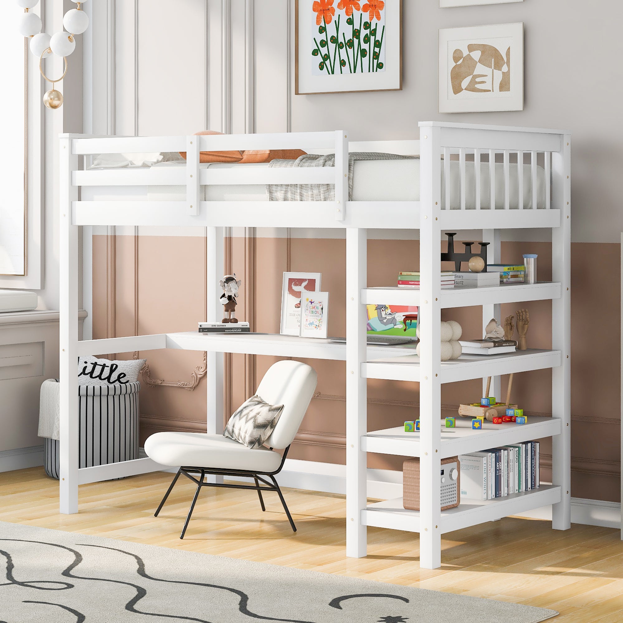 White Twin Size Loft Bed: Under-bed Desk & Storage Shelves