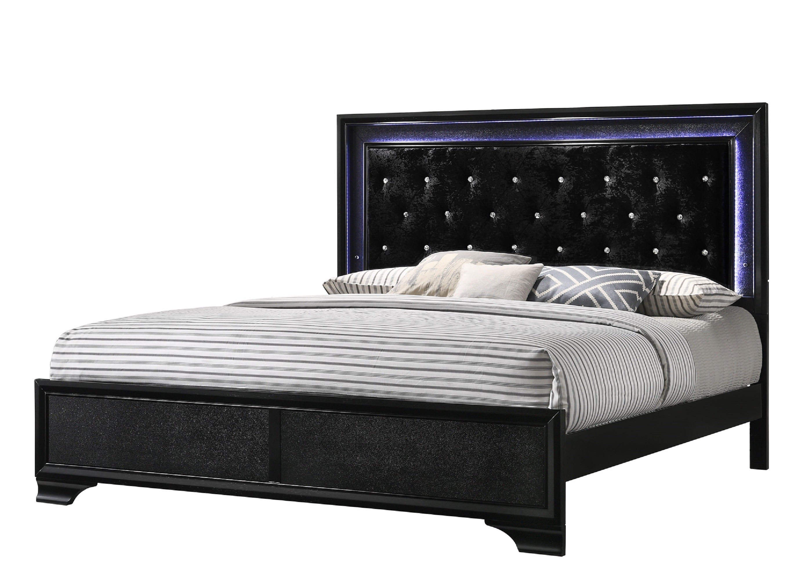 Modern Black King LED Panel Bed, Upholstered Diamond Tufted