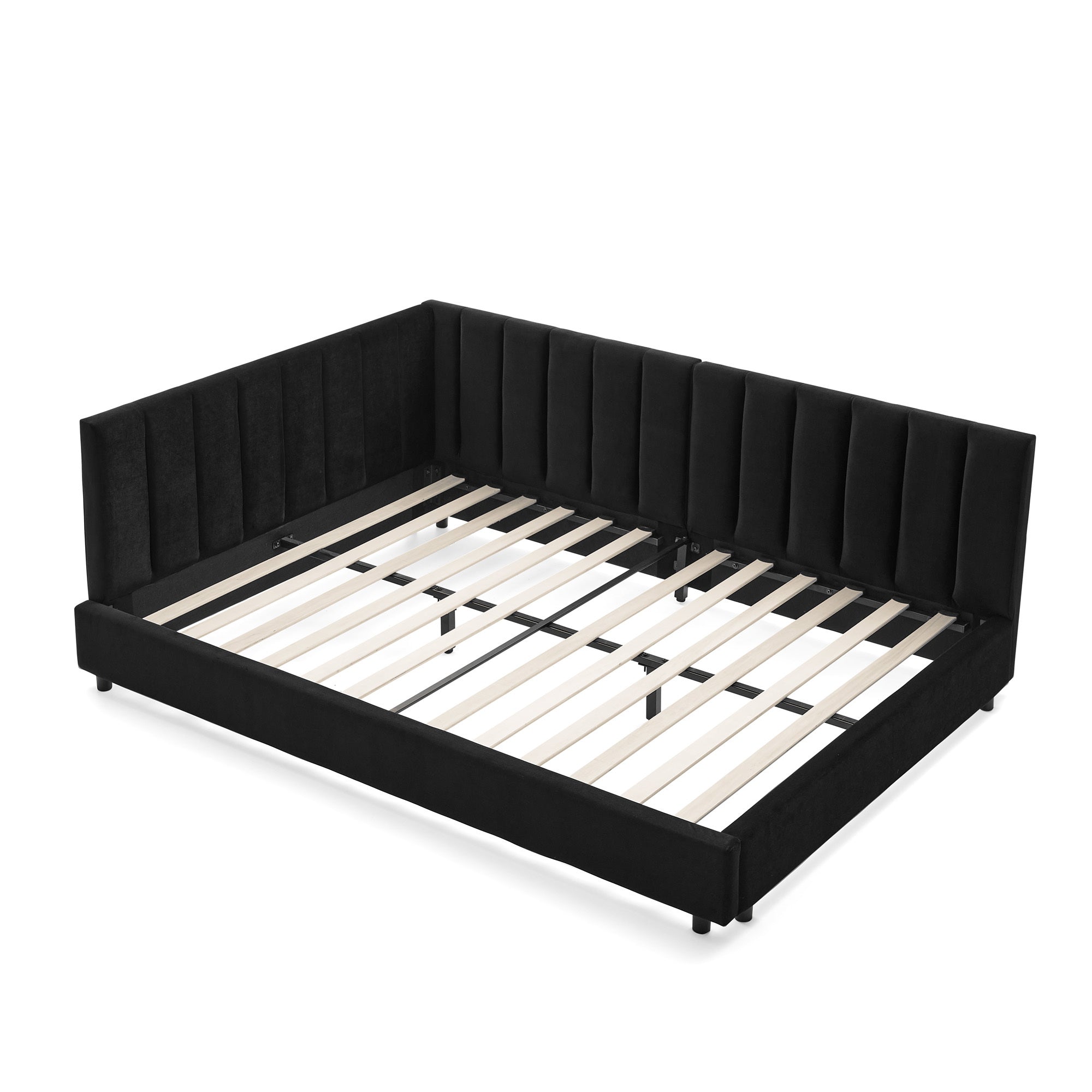 Mid-Century Full Size Tufted Velvet Bed Frame with Armrests Black