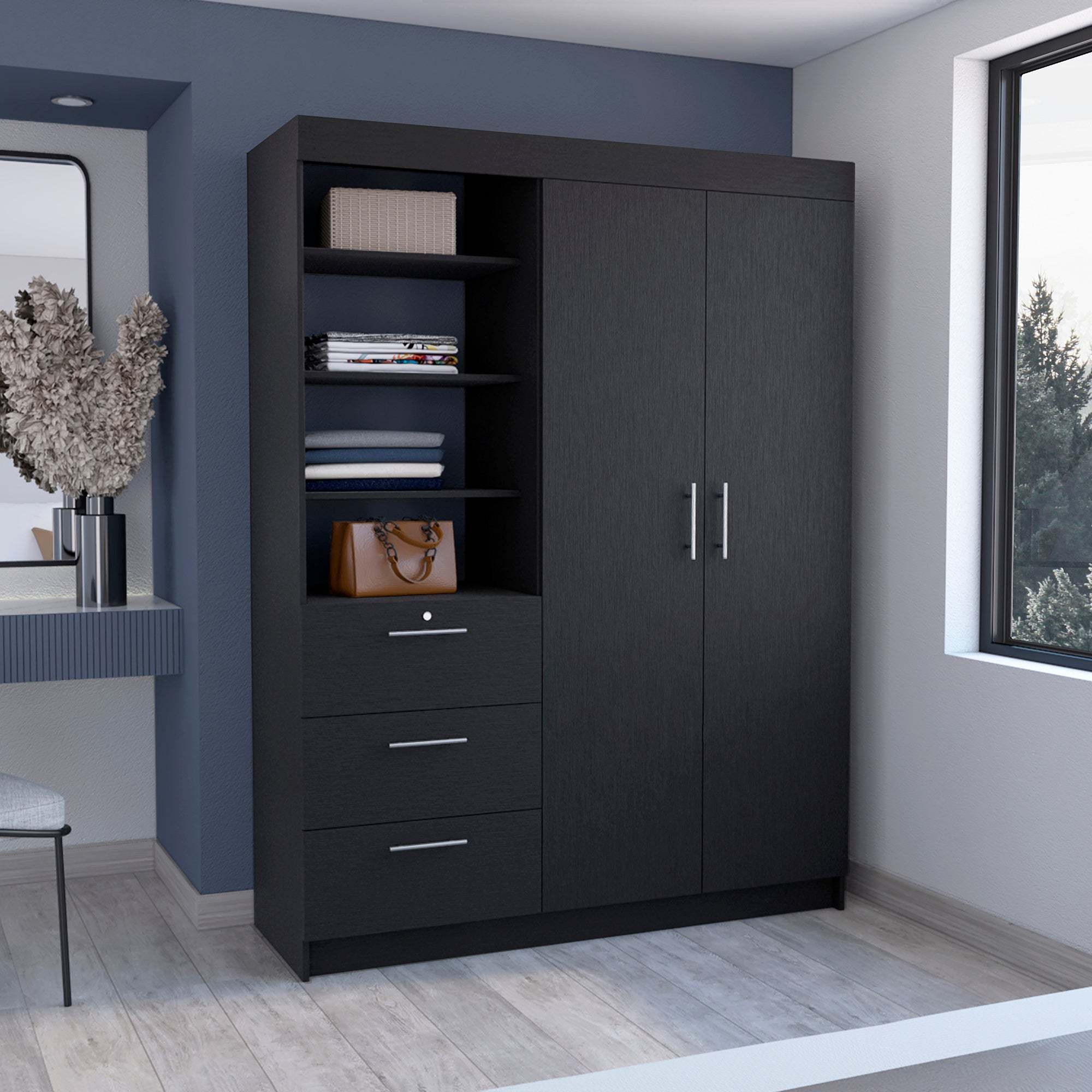Black Armoire: 3 Drawers, Double Door, 3-Tier Shelf