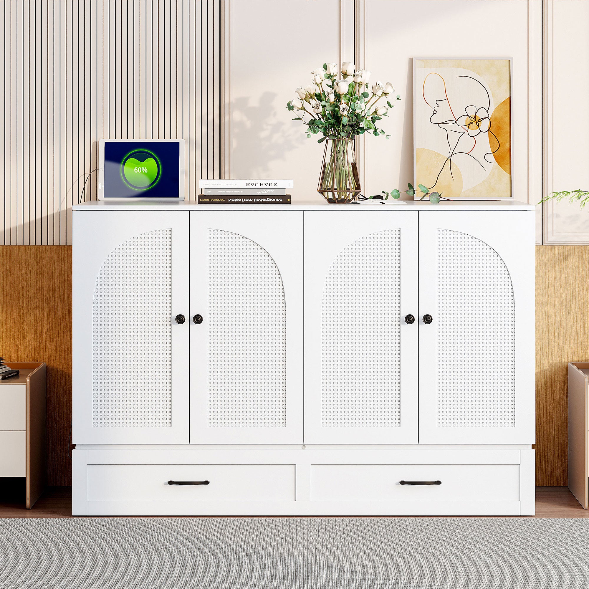 White Full Size Murphy Bed with Storage Drawers | Space Saver