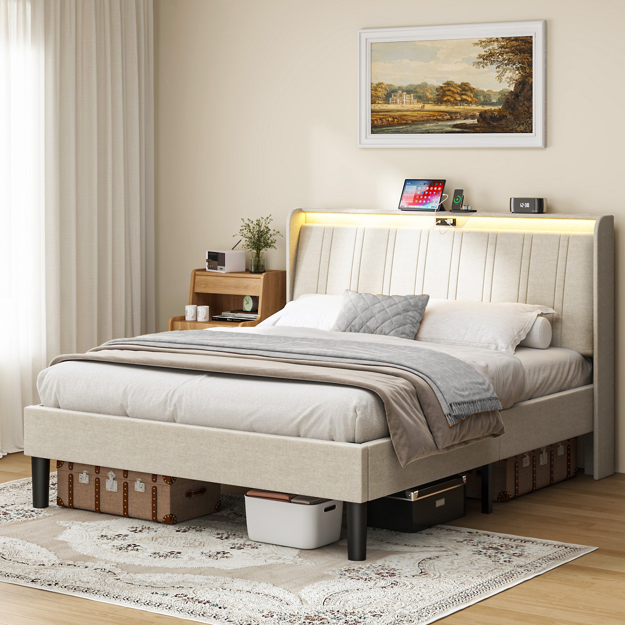 Queen Size Platform Bed Frame - Fabric Headboard, Wood Slats