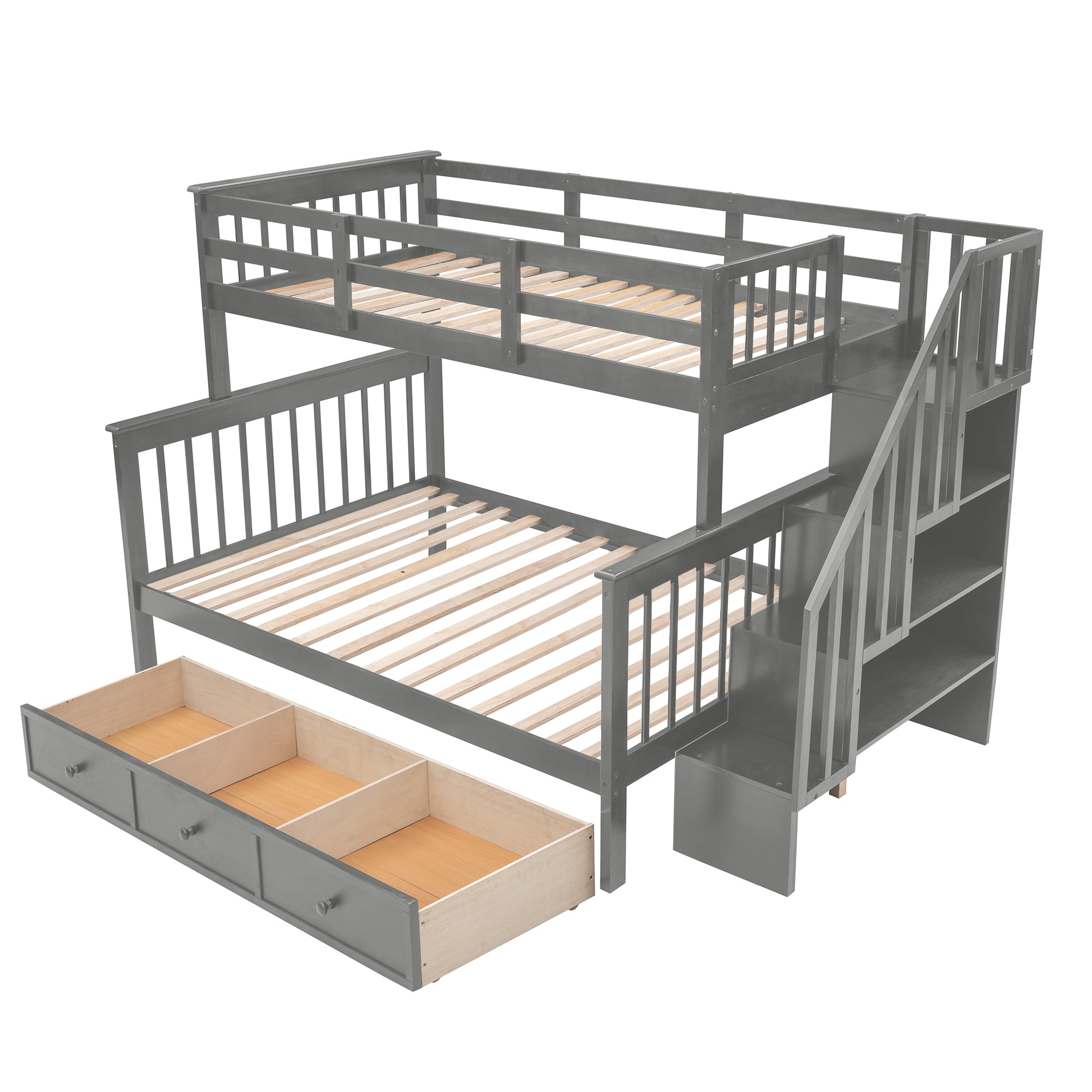 Hearth & Haven Grey Twin/Full Bunk Bed: Storage, Stairway, Drawer