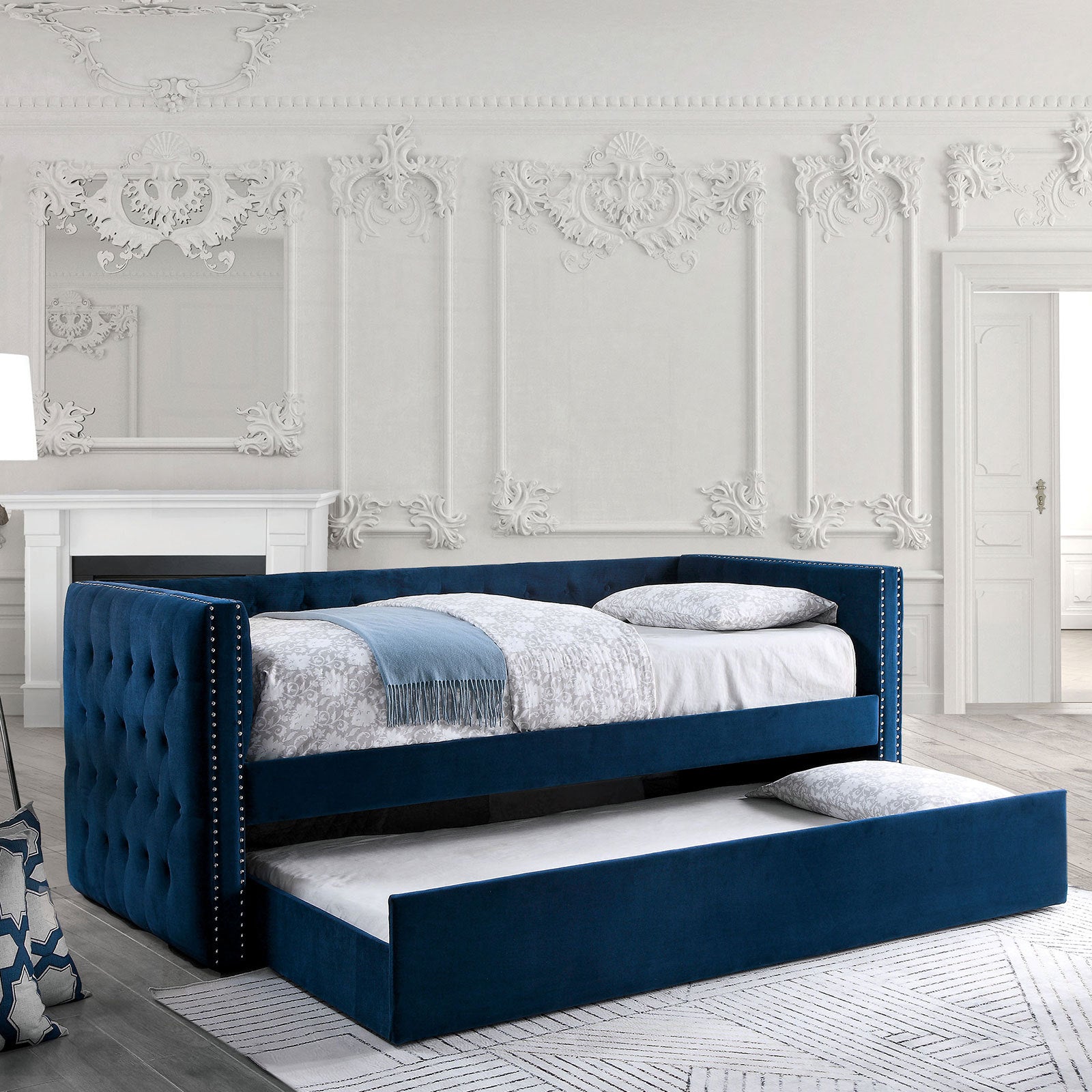 Navy Transitional Daybed & Trundle | Tufted Upholstery, Nailhead Trim