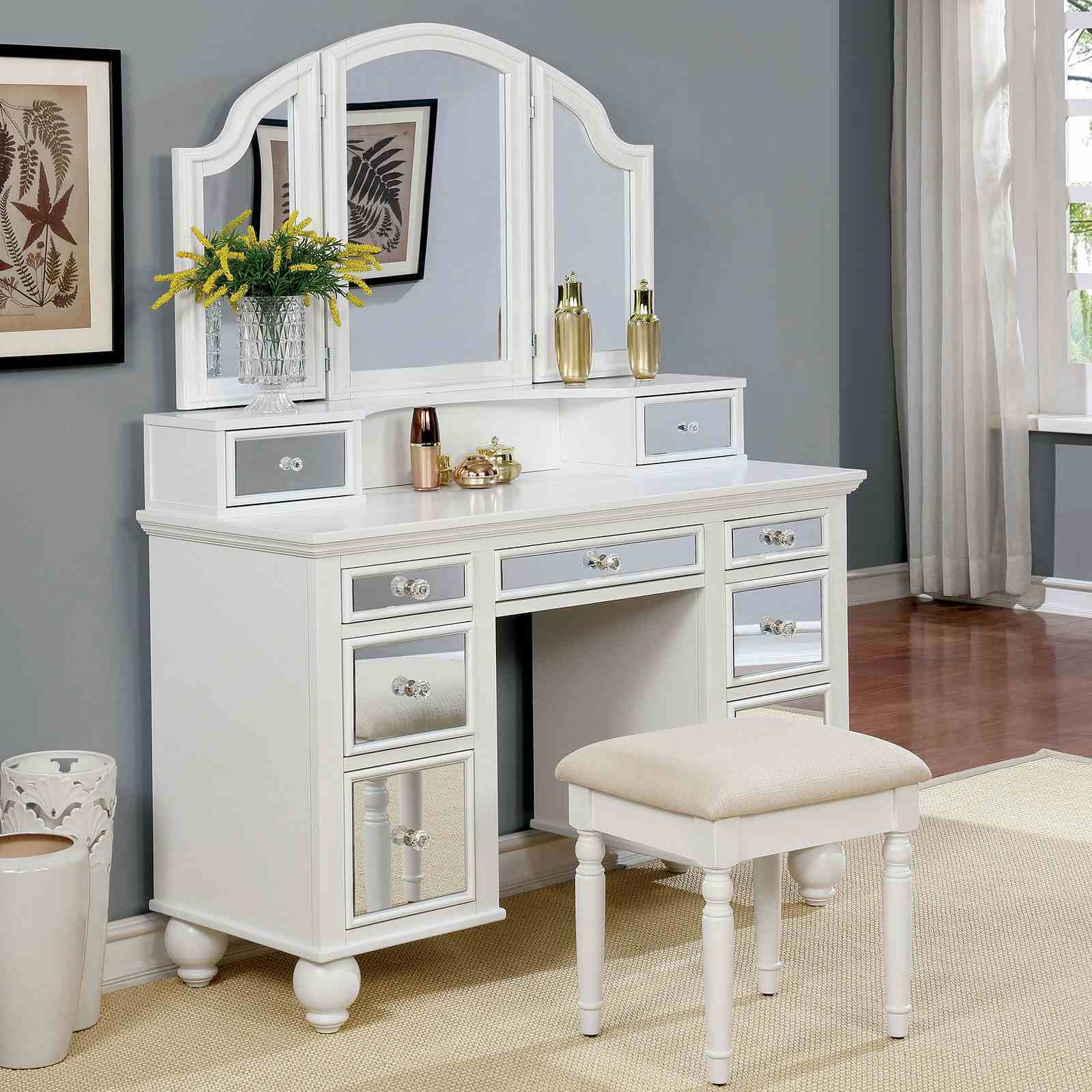 White Vanity Set with Stool & 3-Sided Mirror, Storage Drawers