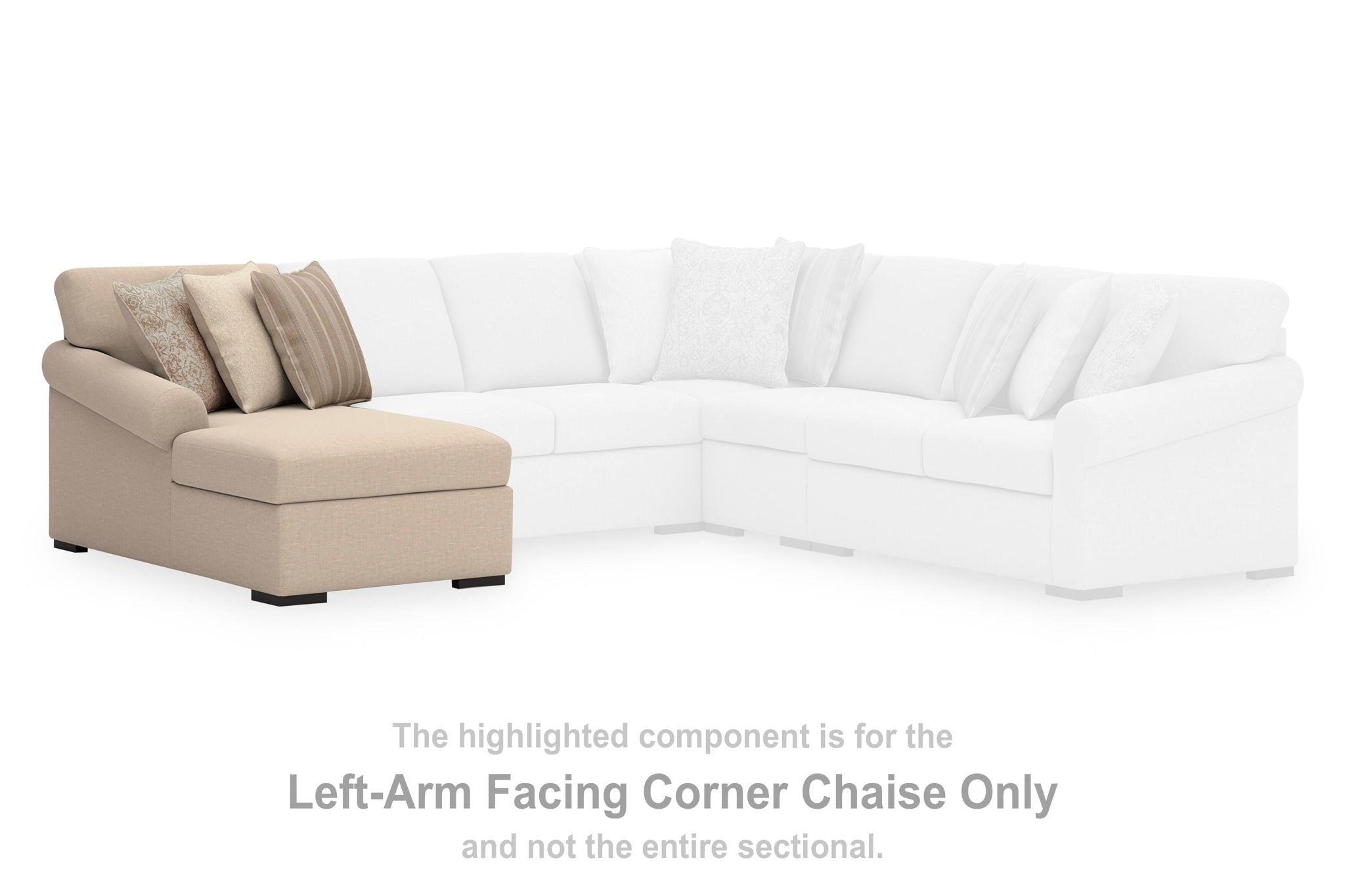 Left-arm corner chaise section in light beige with striped and patterned throw pillows