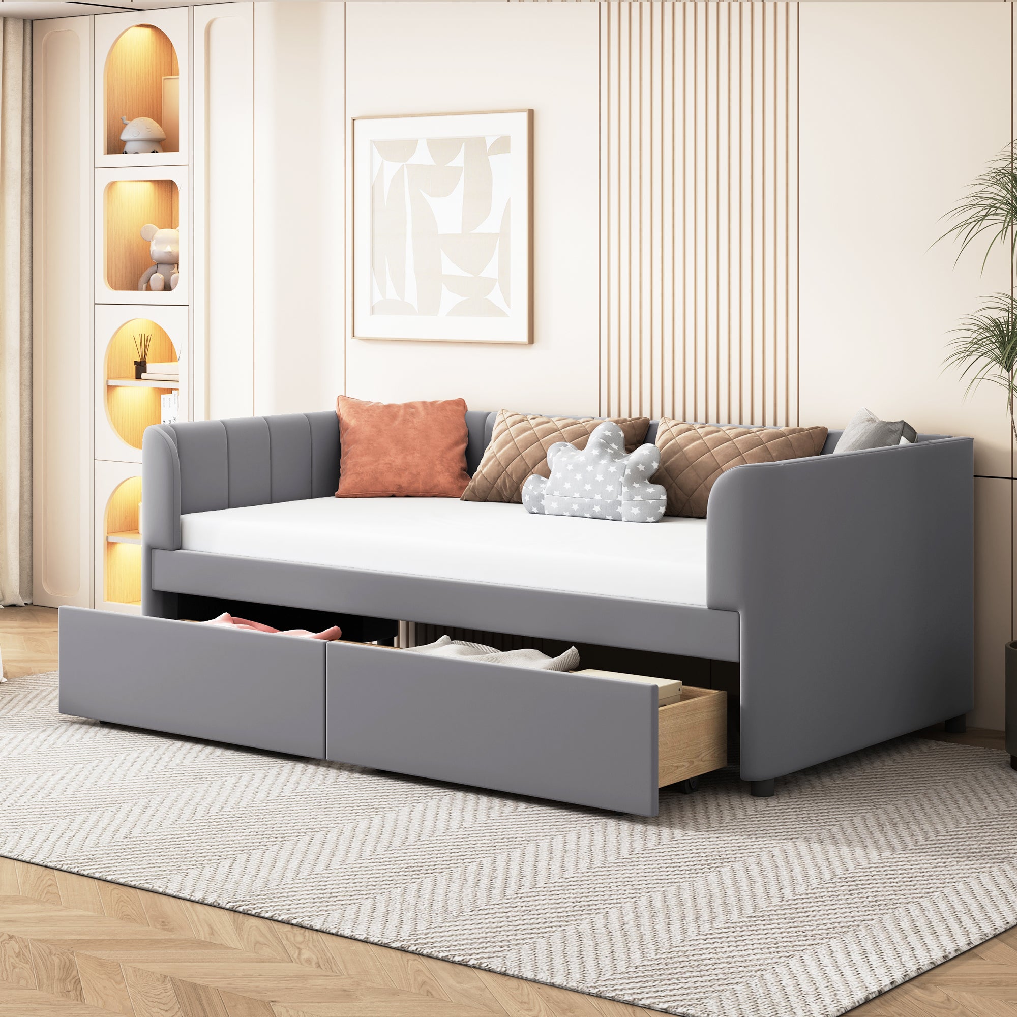 Gray Twin Upholstered Daybed: Ergonomic Backrest & 2 Drawers