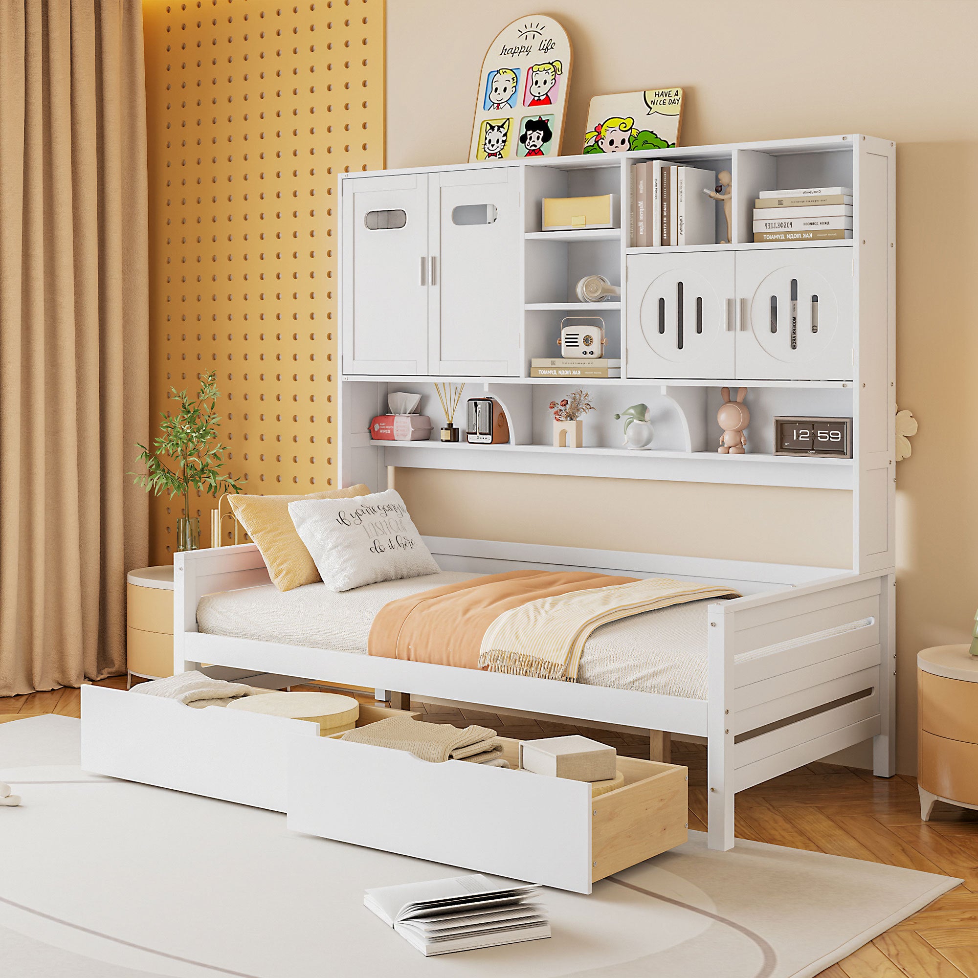 White Twin Wooden Daybed with Storage: 2 Drawers, Cabinet & Shelf