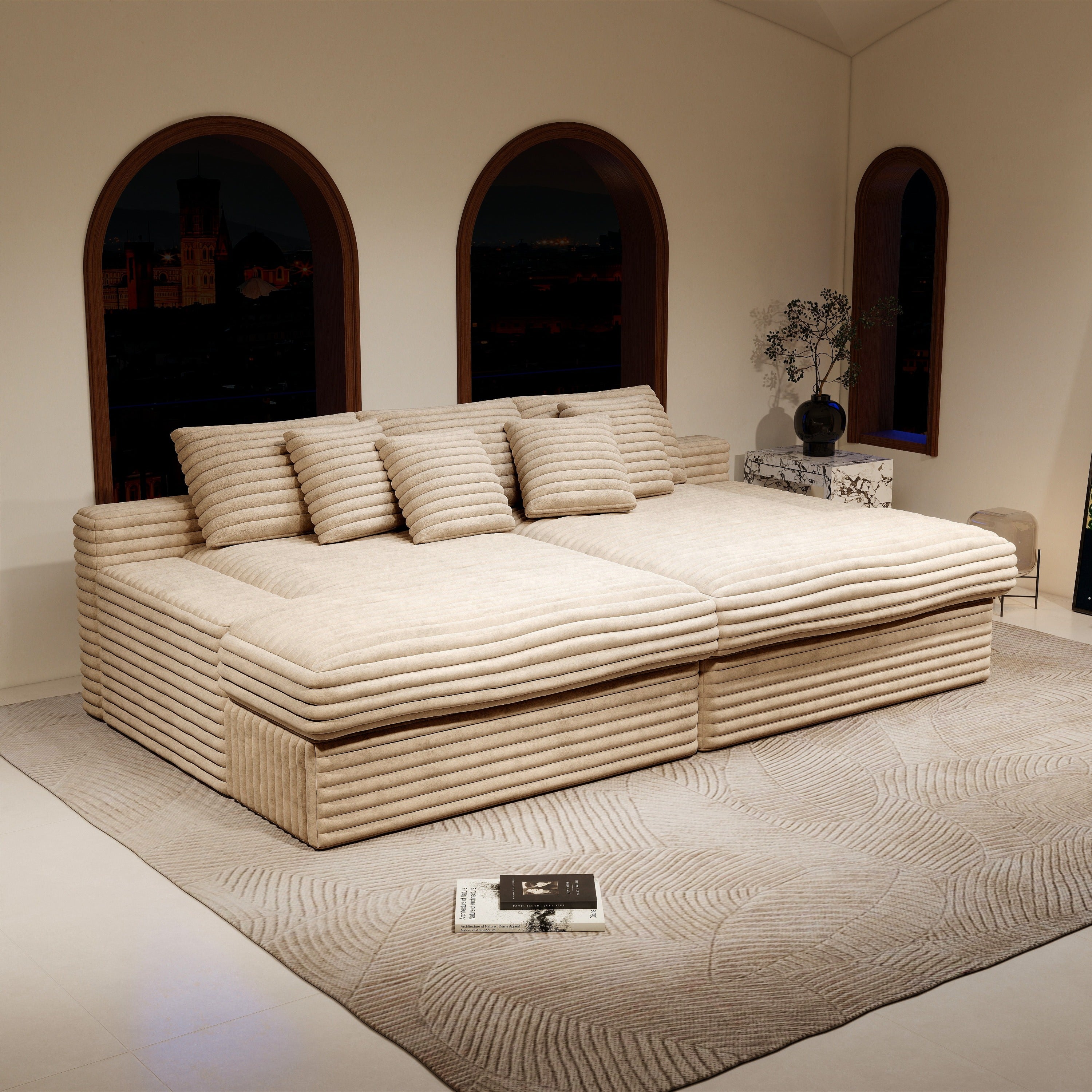 Beige Plush Corduroy Modular Sectional Sofa - No Assembly