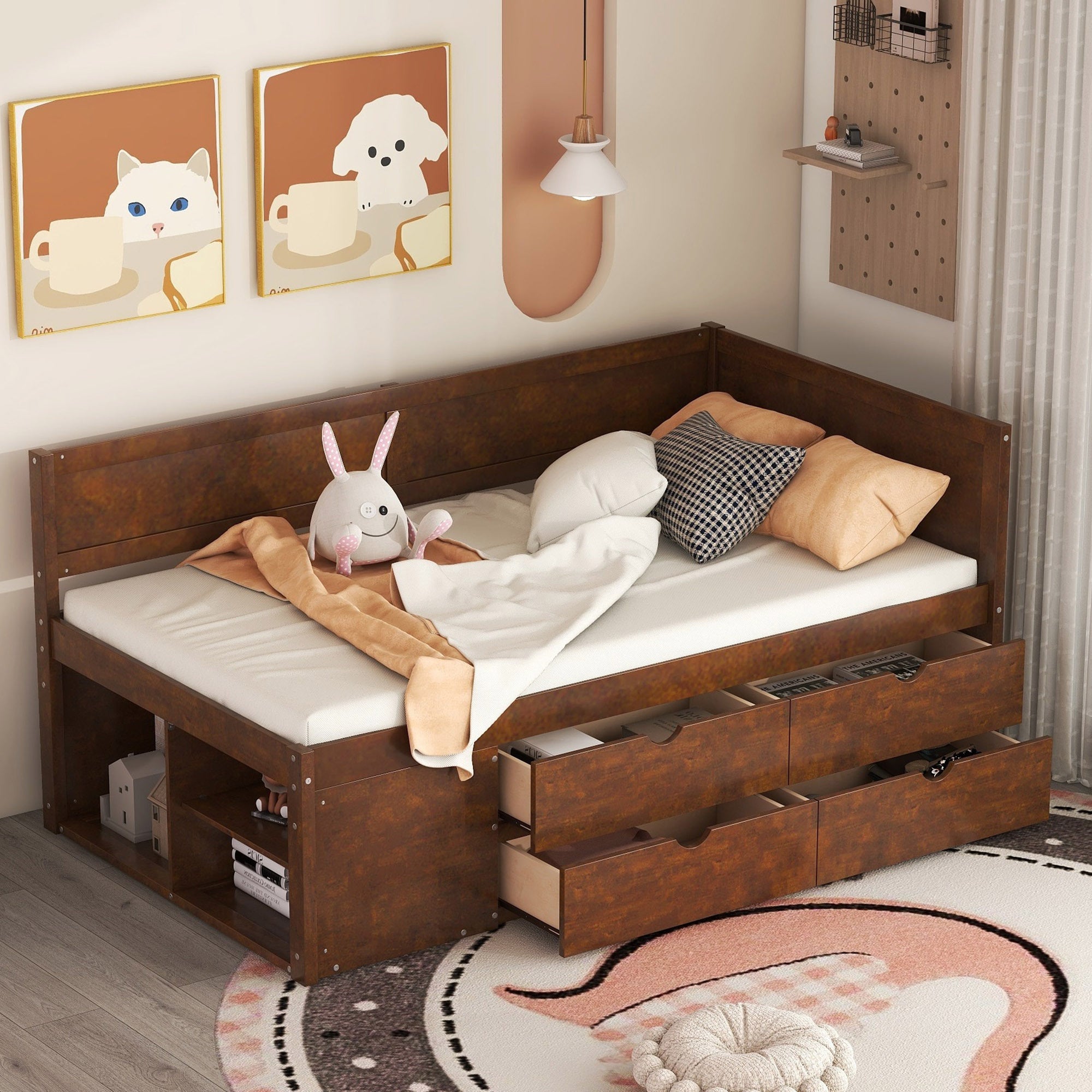 Walnut Twin Daybed with Storage Drawers & Shelves | Space Saving