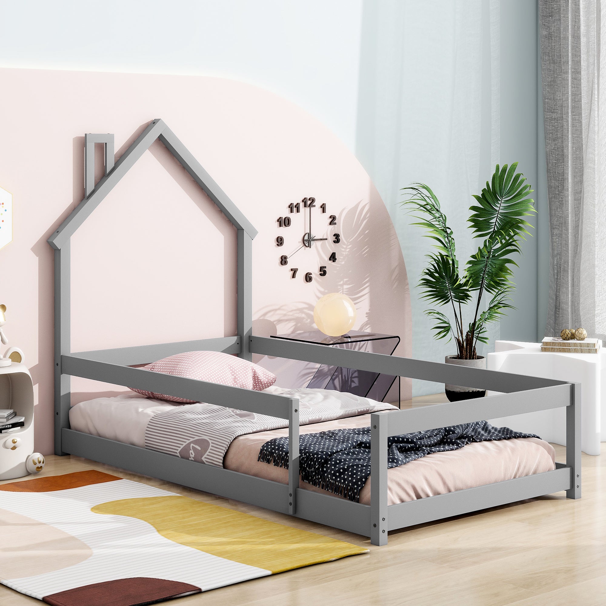 Twin Wood House Floor Bed with Fences, Grey