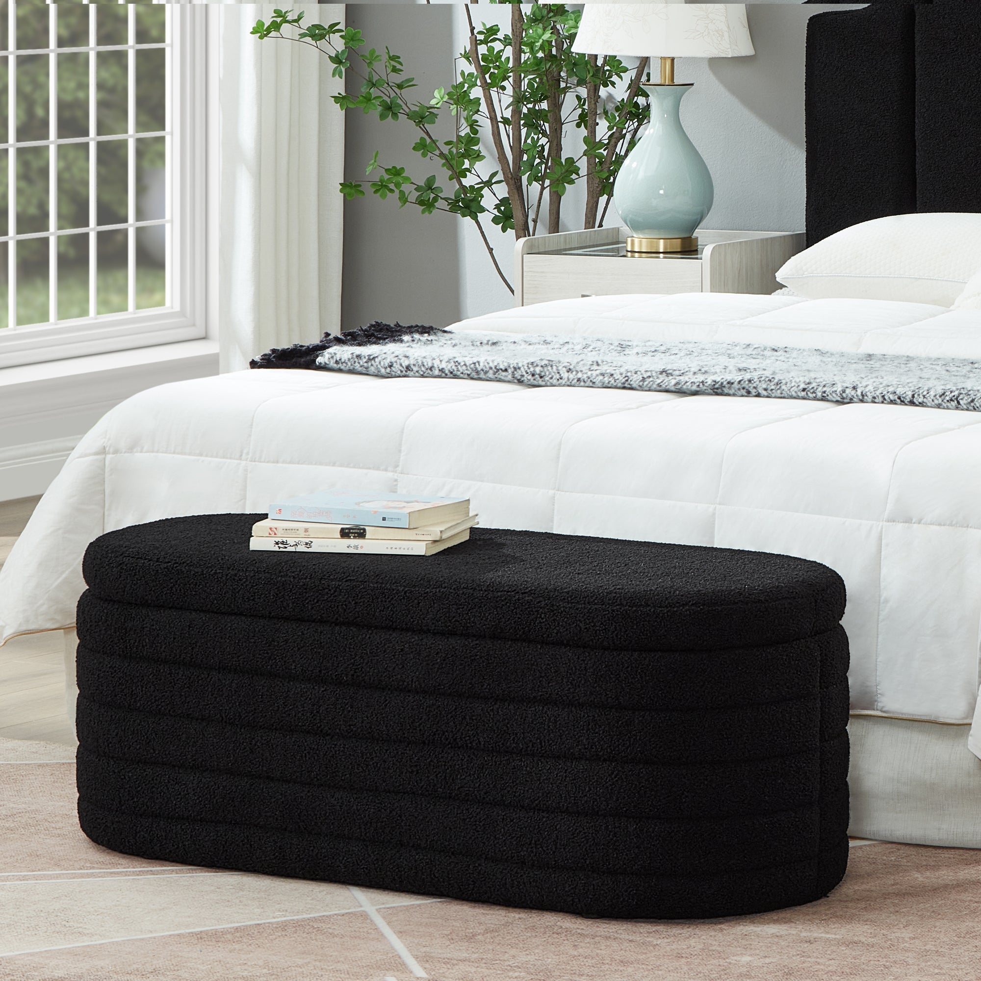 Modern Oval Boucle Storage Ottoman Bench - Black Upholstered