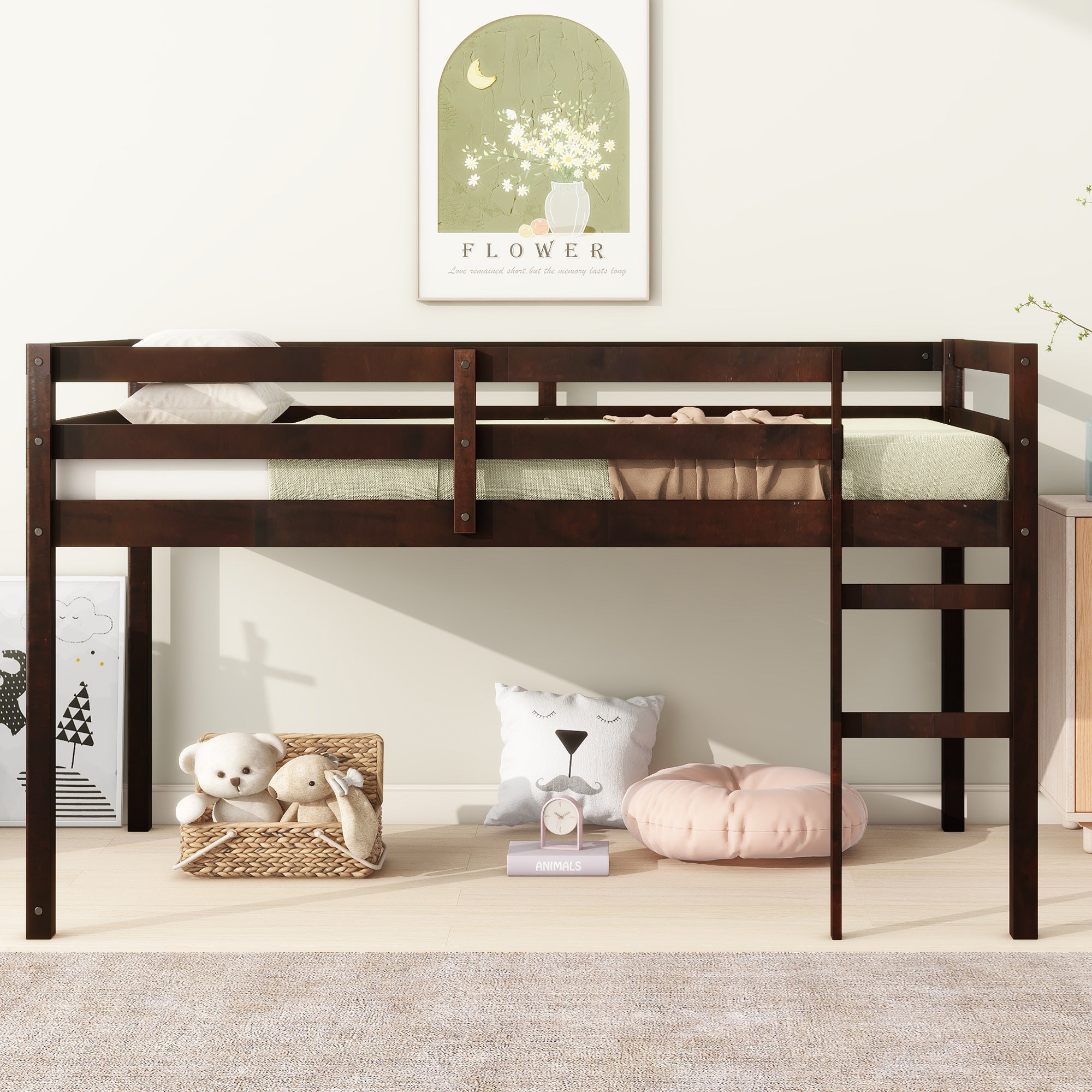 Twin Loft Bed: Solid Wood, Rubberwood, Espresso