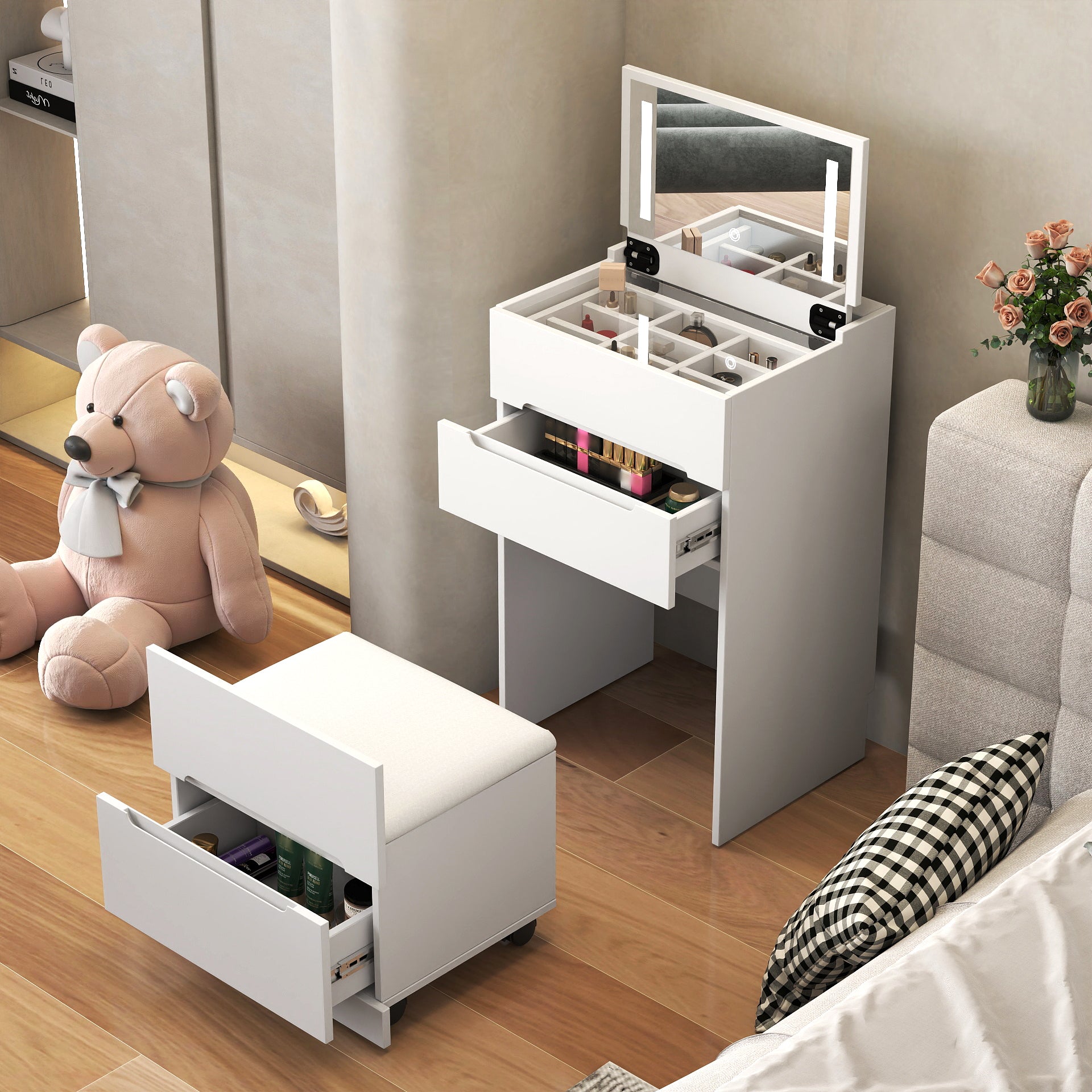 3-in-1 Vanity Desk with Open Mirror, Glass Top & 3 Drawers for Bedroom