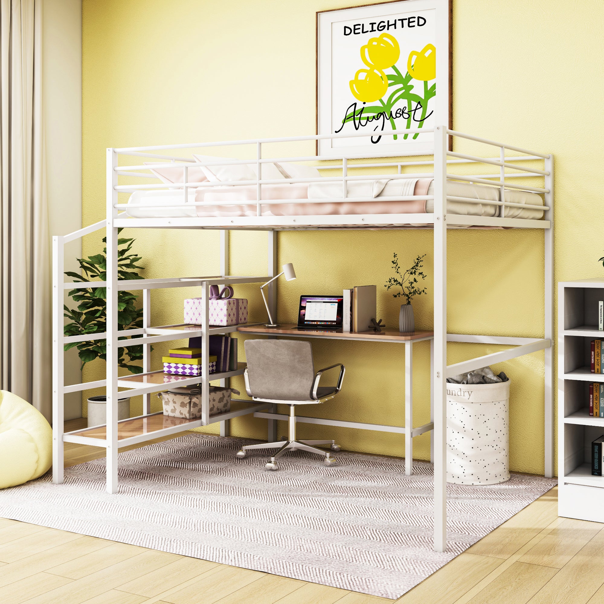 White Full Size Metal Loft Bed with Desk & Storage Ladder