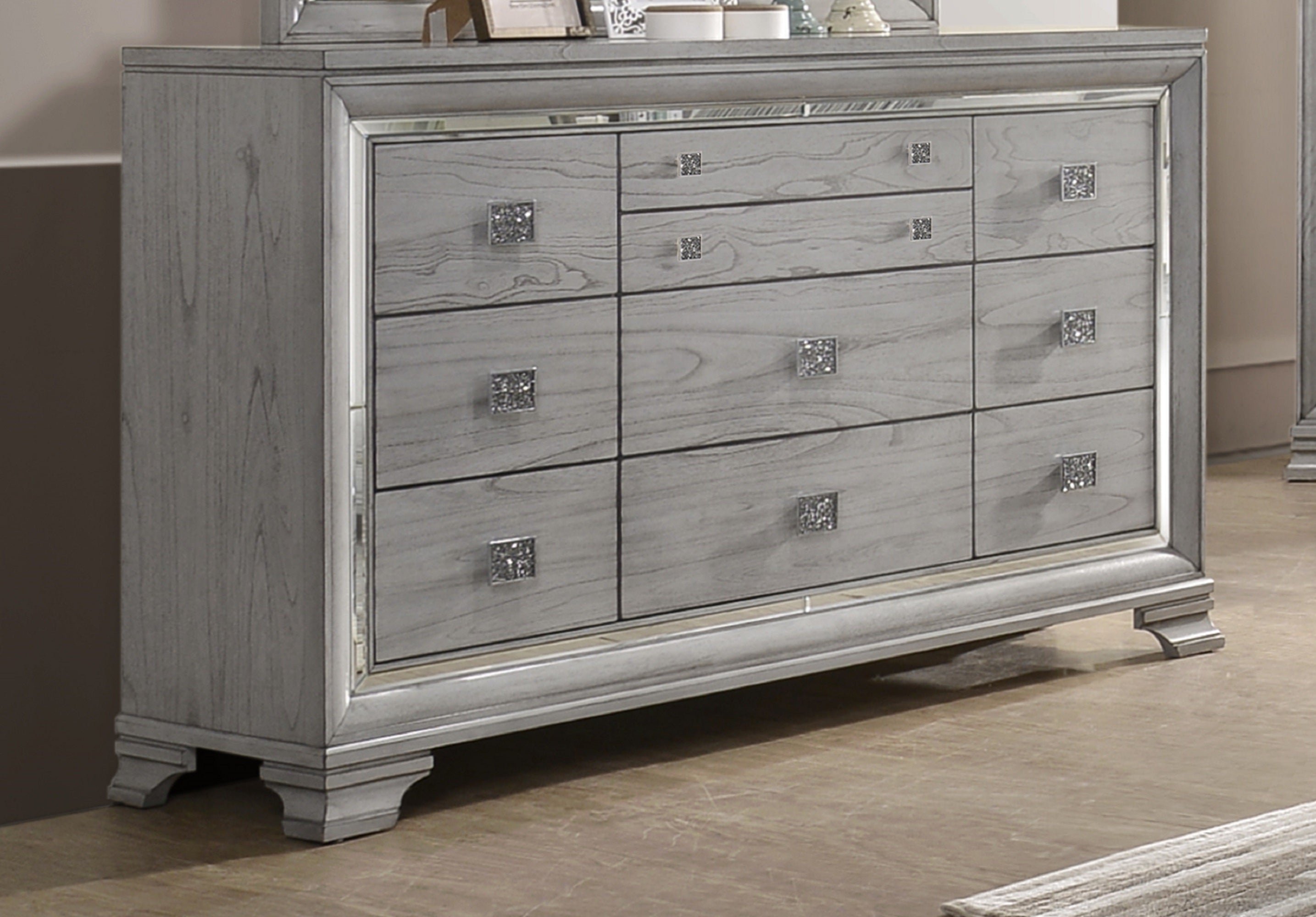 Light Gray Brown Wood Dresser | 6 Drawers & Mirror Accents