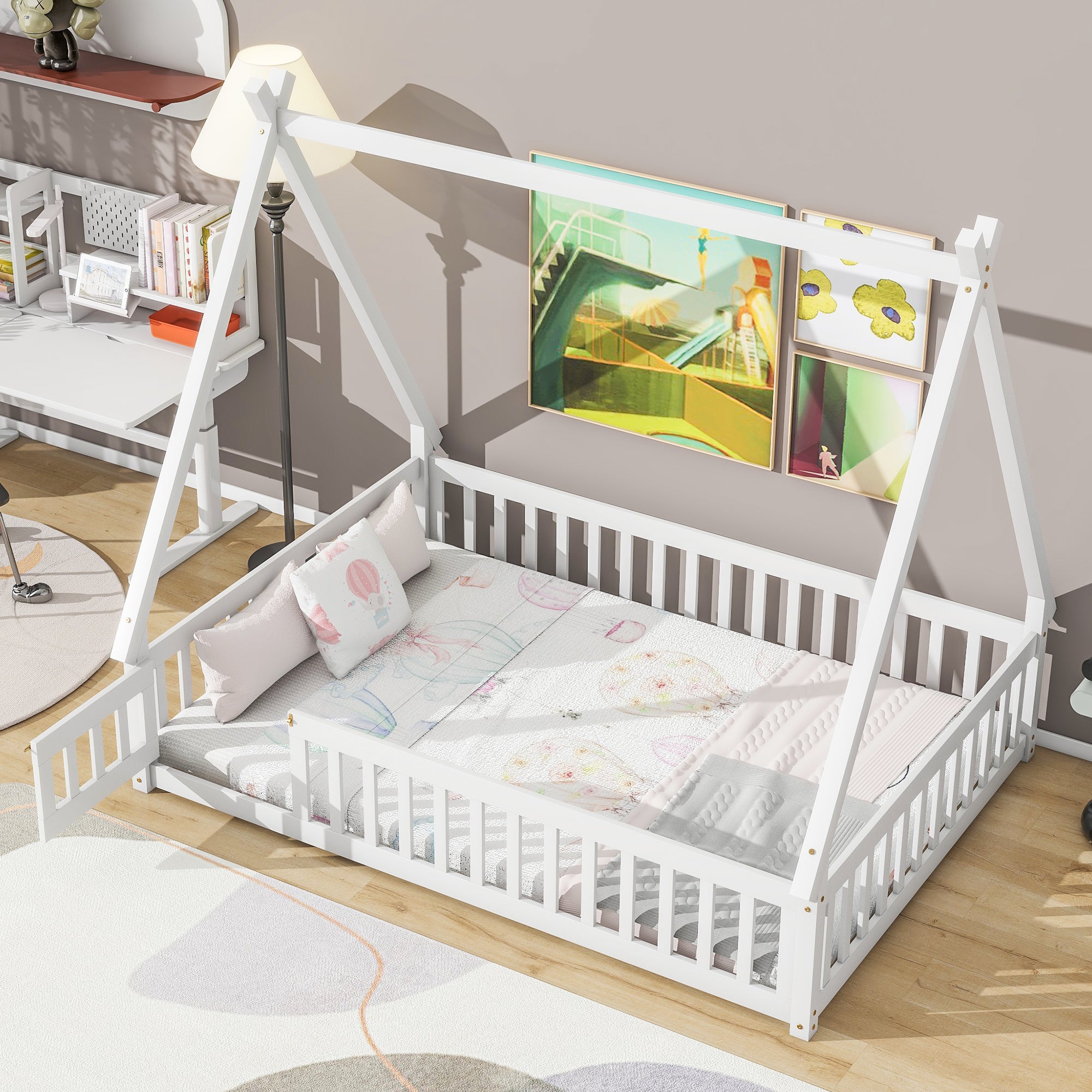 White Full Tent Floor Bed with Guardrails and Door