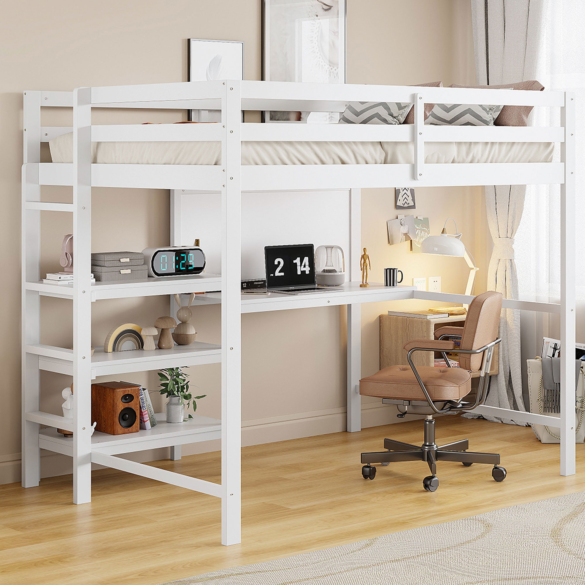 White Twin Wooden Loft Bed w/ Desk, Shelves, Whiteboard