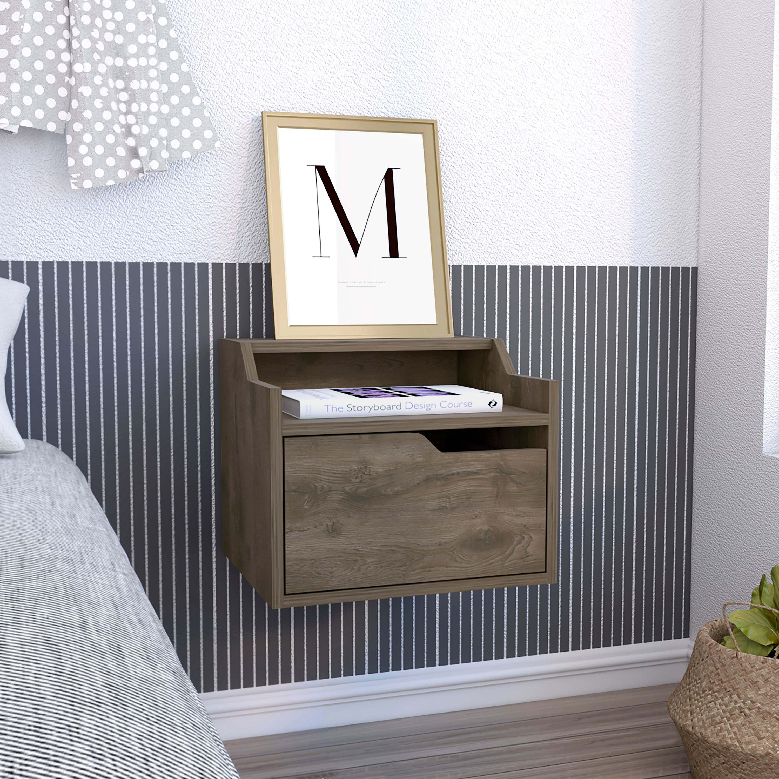 Busan Modern Floating Nightstand, Dark Brown, Single-Drawer, Two-Tier