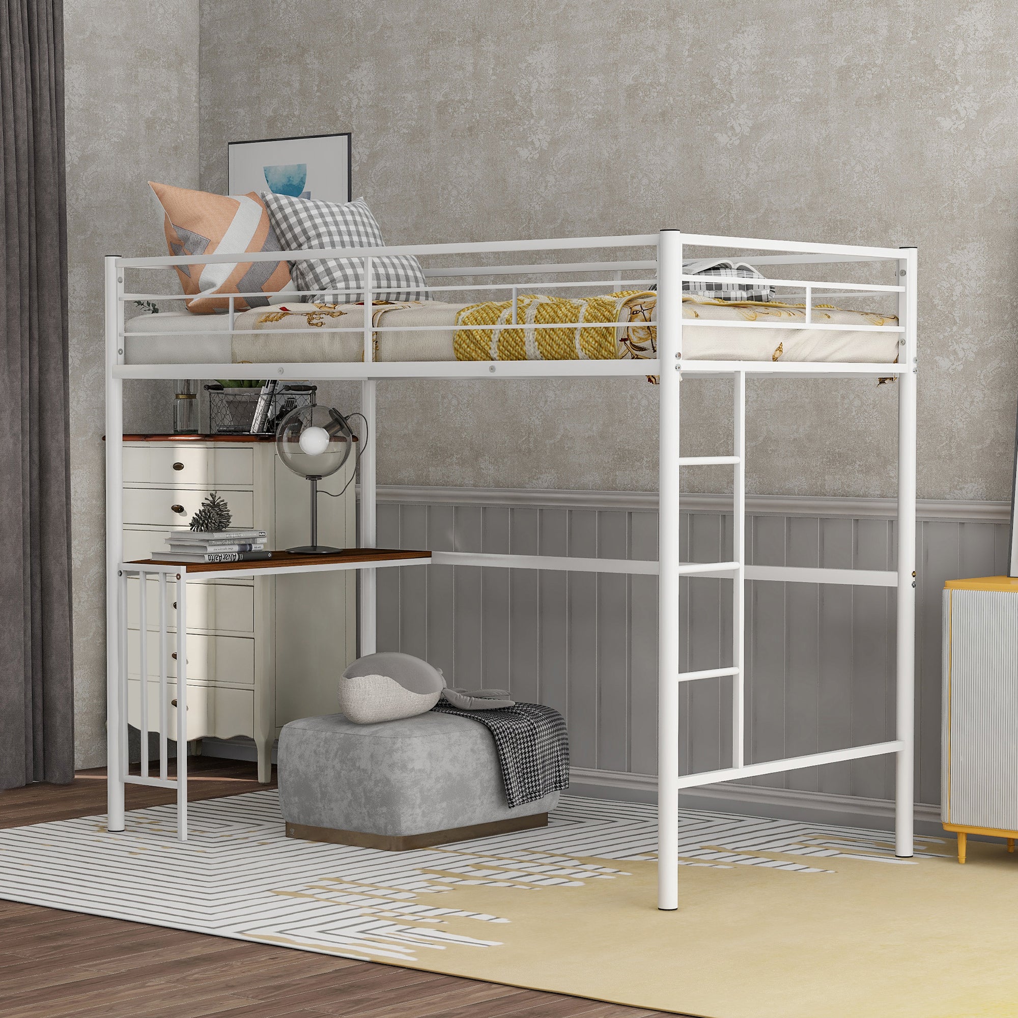 Twin Metal Loft Bed with Desk, Ladder & Guardrails, White