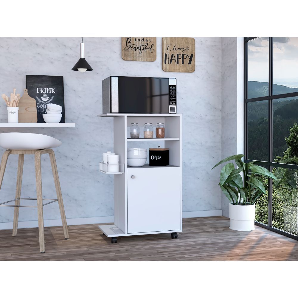 Columba Kitchen Cart: Single Door Cabinet, Rolling Wheels