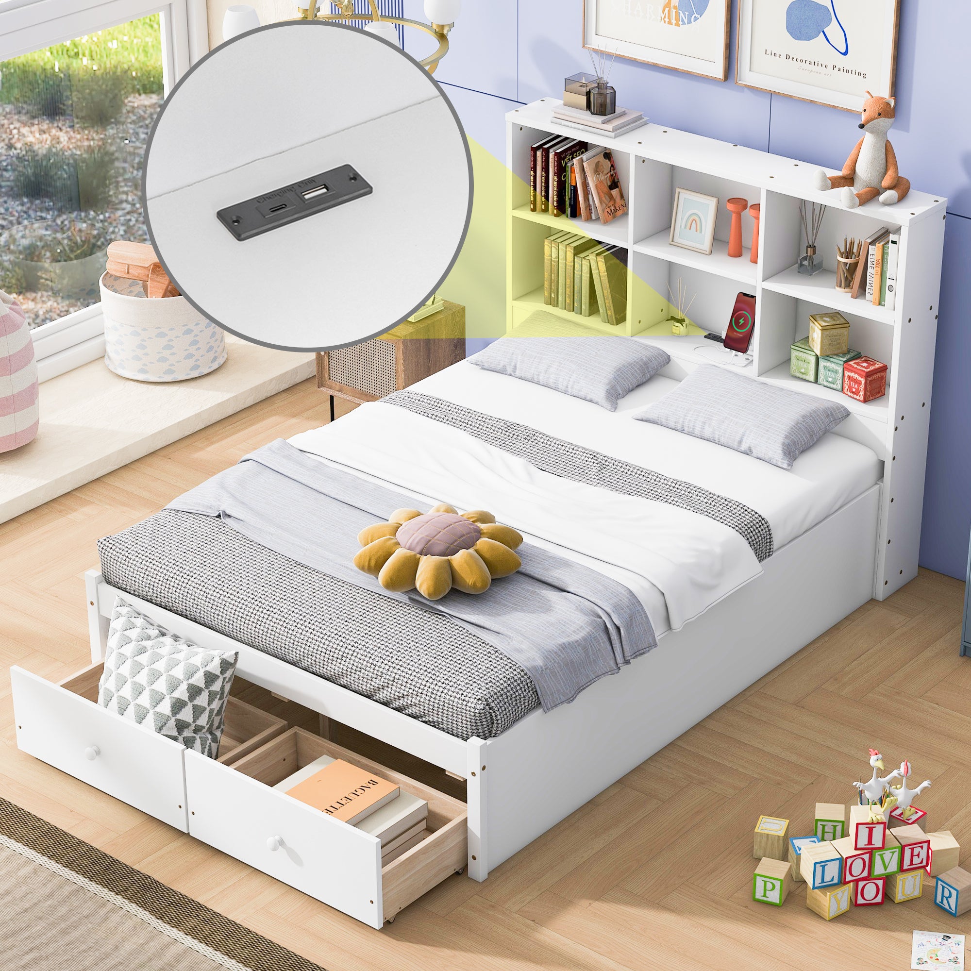 Full Size White Platform Bed: Storage Headboard, Charging, 2 Drawers