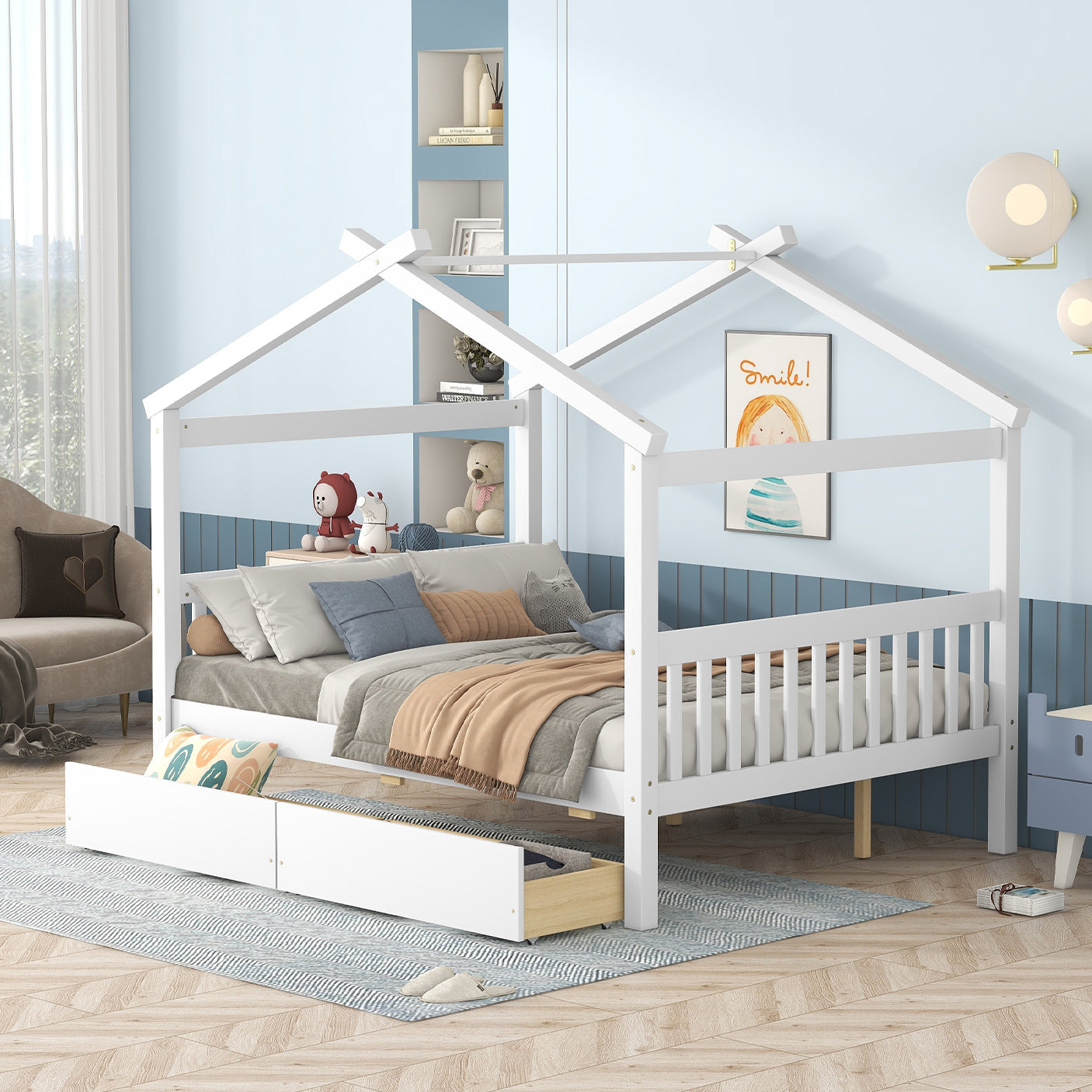 Full Size White Wooden House Bed Frame with Storage Drawers for Kids