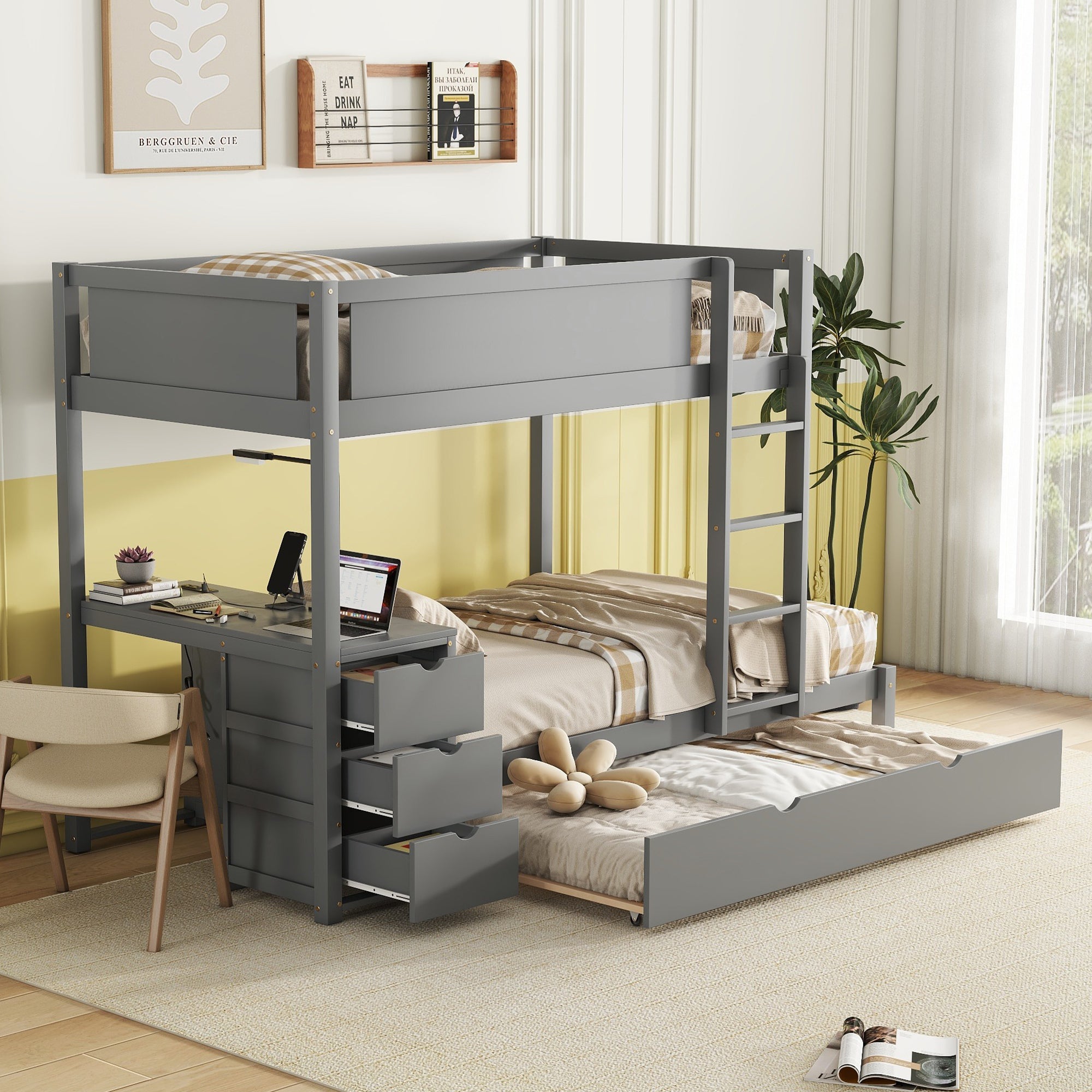 Twin-Over-Twin Bunk Bed w/ Trundle, Storage & Desk - Gray