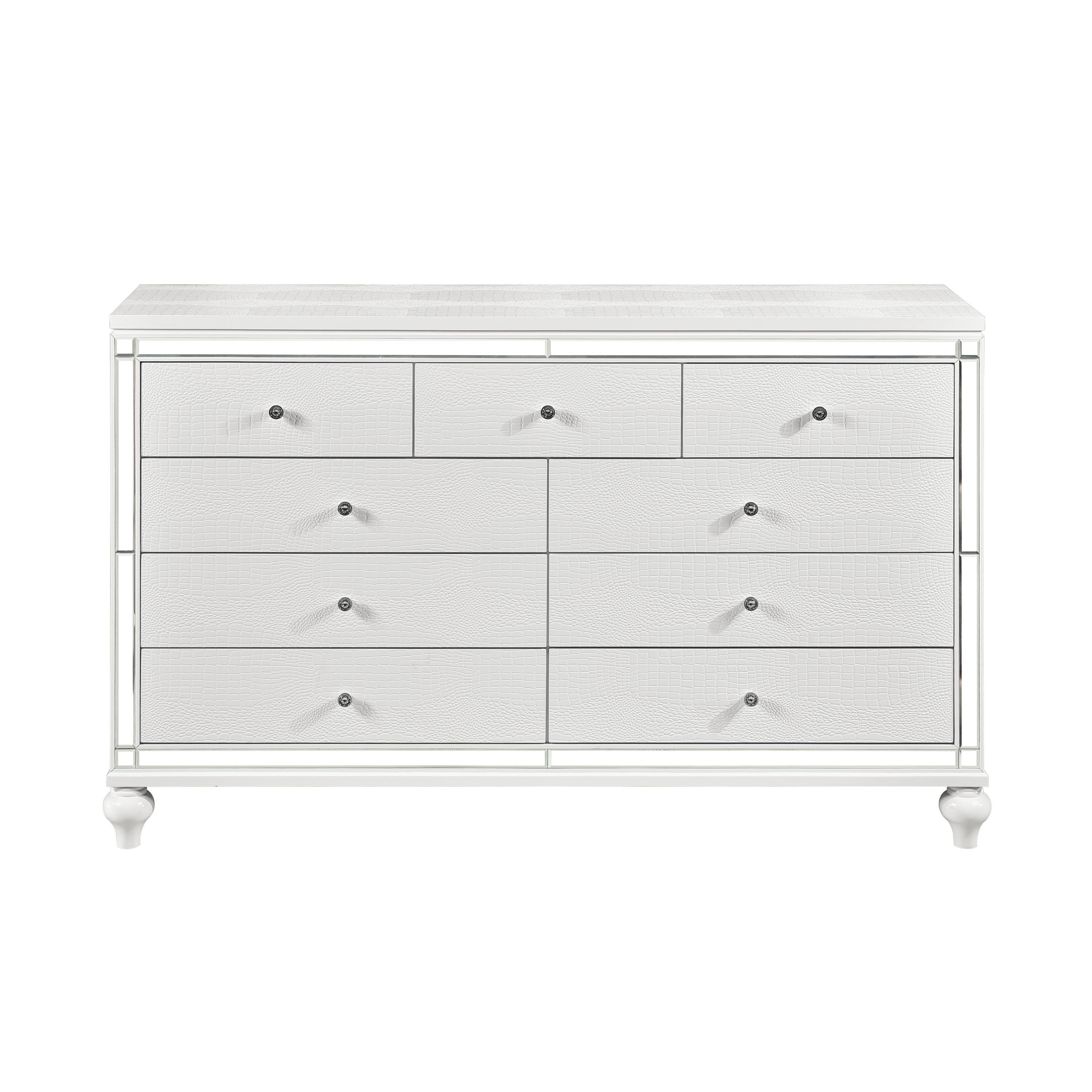 Modern Metallic White 9-Drawer Dresser Faux Crystal Knobs