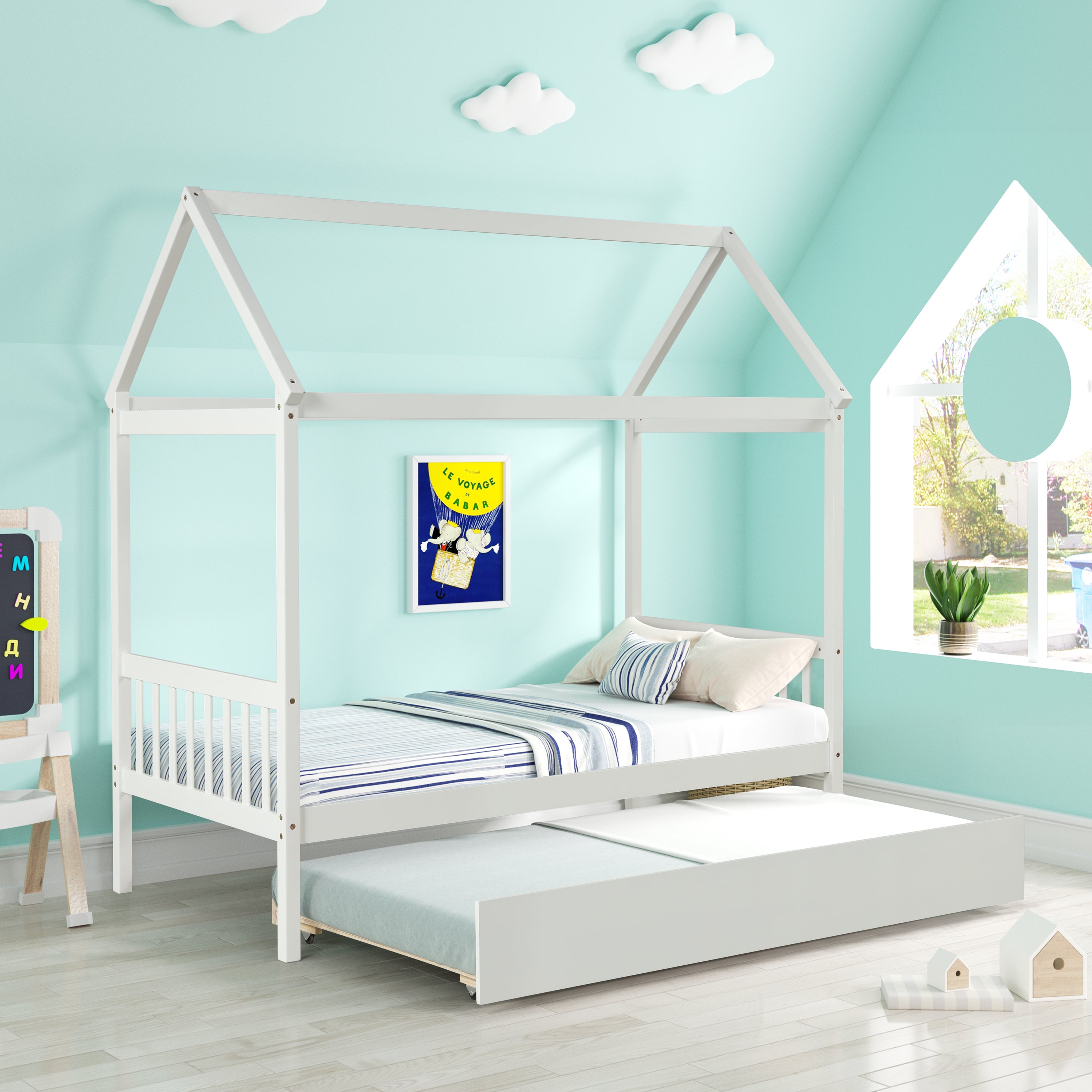 White Solid Wood Twin House Bed Frame with Twin Trundle, No Box Spring