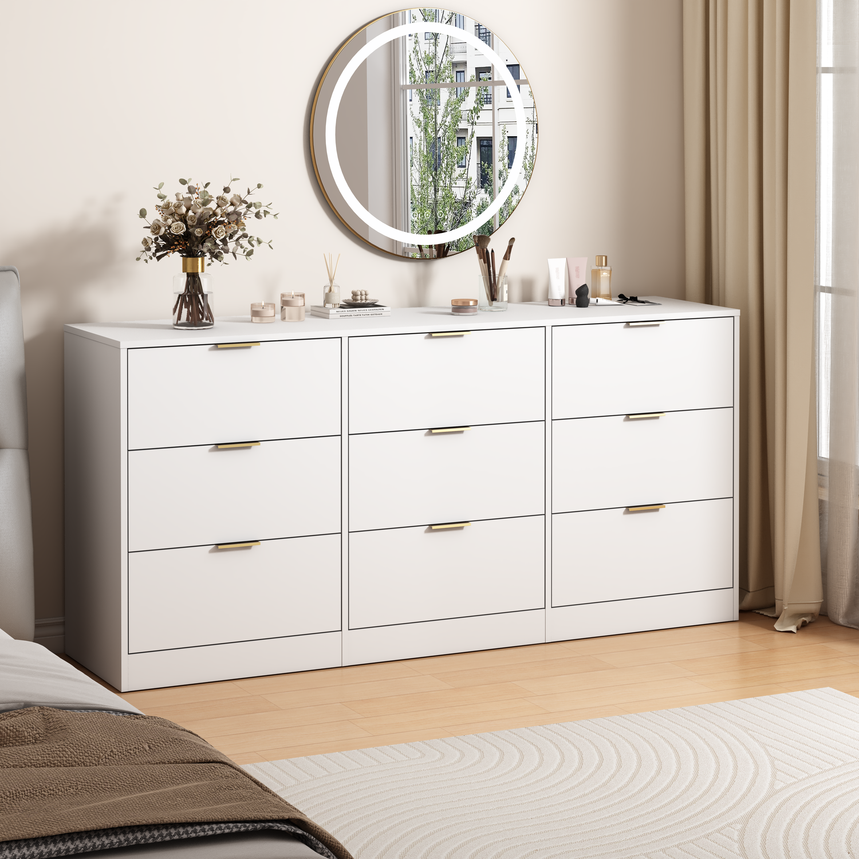 White 9-Drawer Dresser: 63" Large Deep Wooden Storage