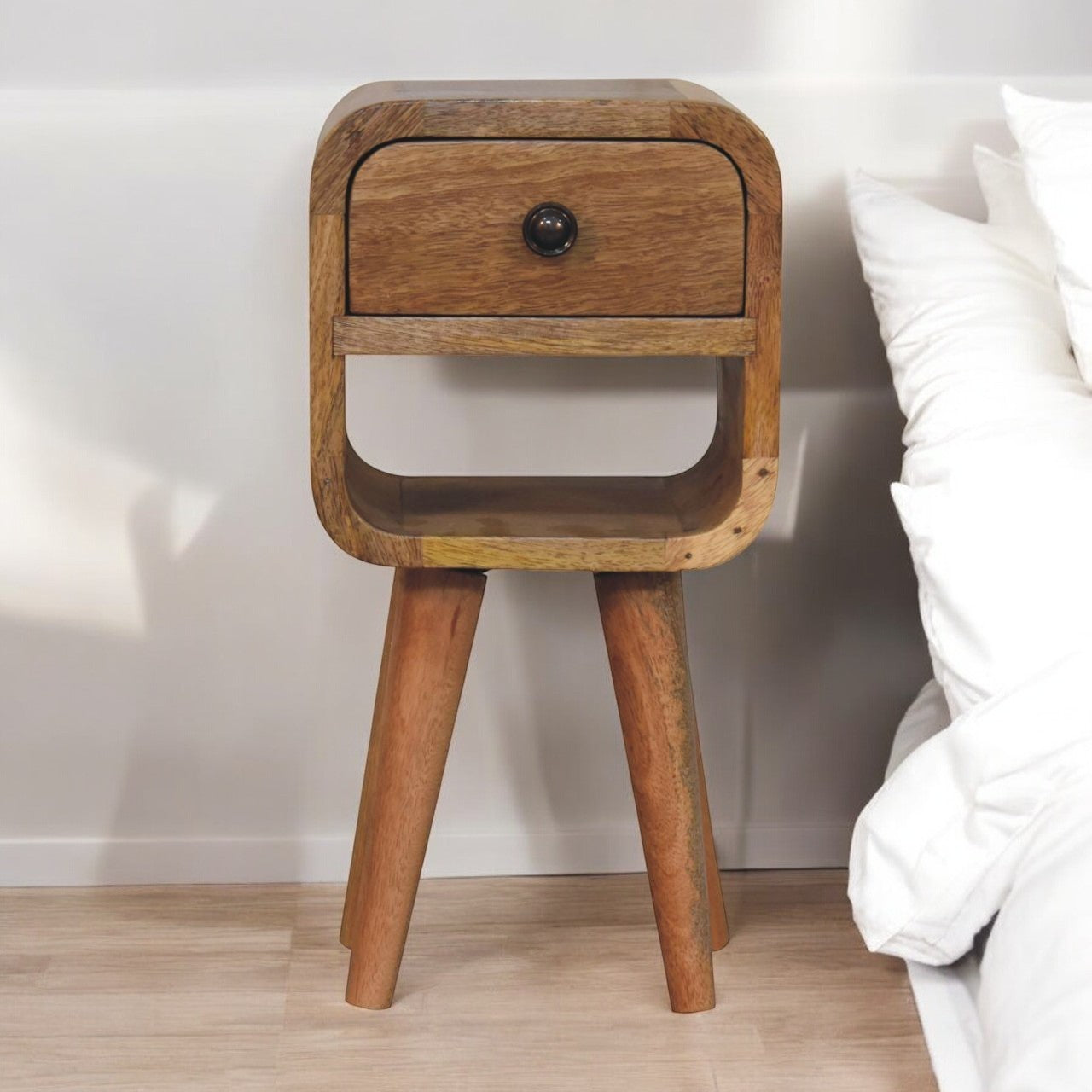 Brown Solid Wood Mini Bedside Table 1-Drawer Nordic Legs