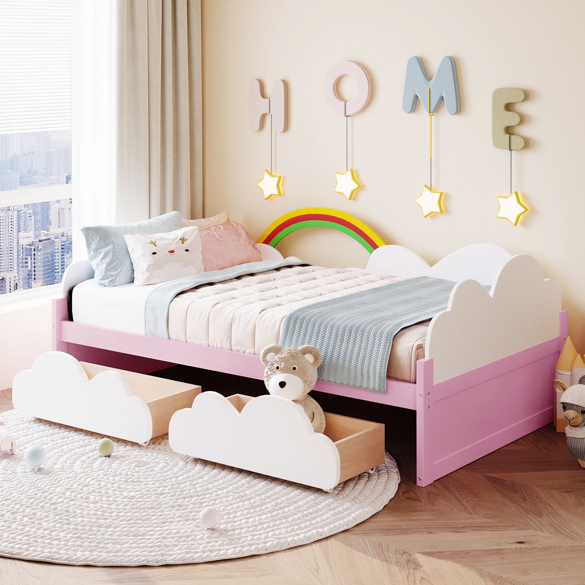 Twin Size Bed with Cloud Rainbow Decor for Kids Room – Playful Design