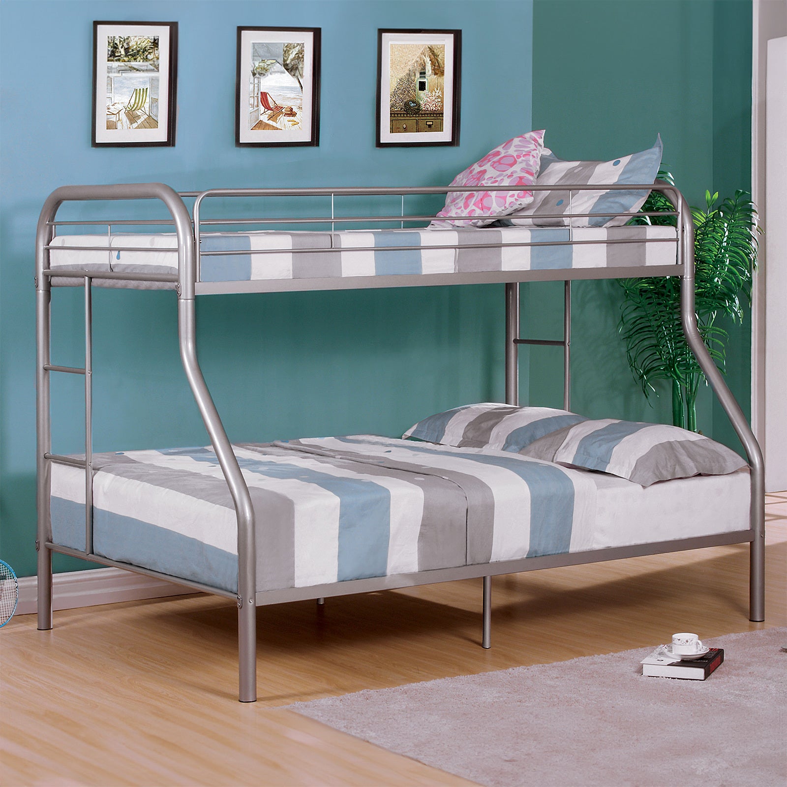 Twin Over Full Metal Bunk Bed Contemporary Style With Angled Ladder, Silver