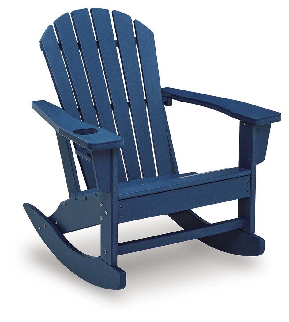 Blue wooden rocking chair with slatted back, arms, and curved rockers.