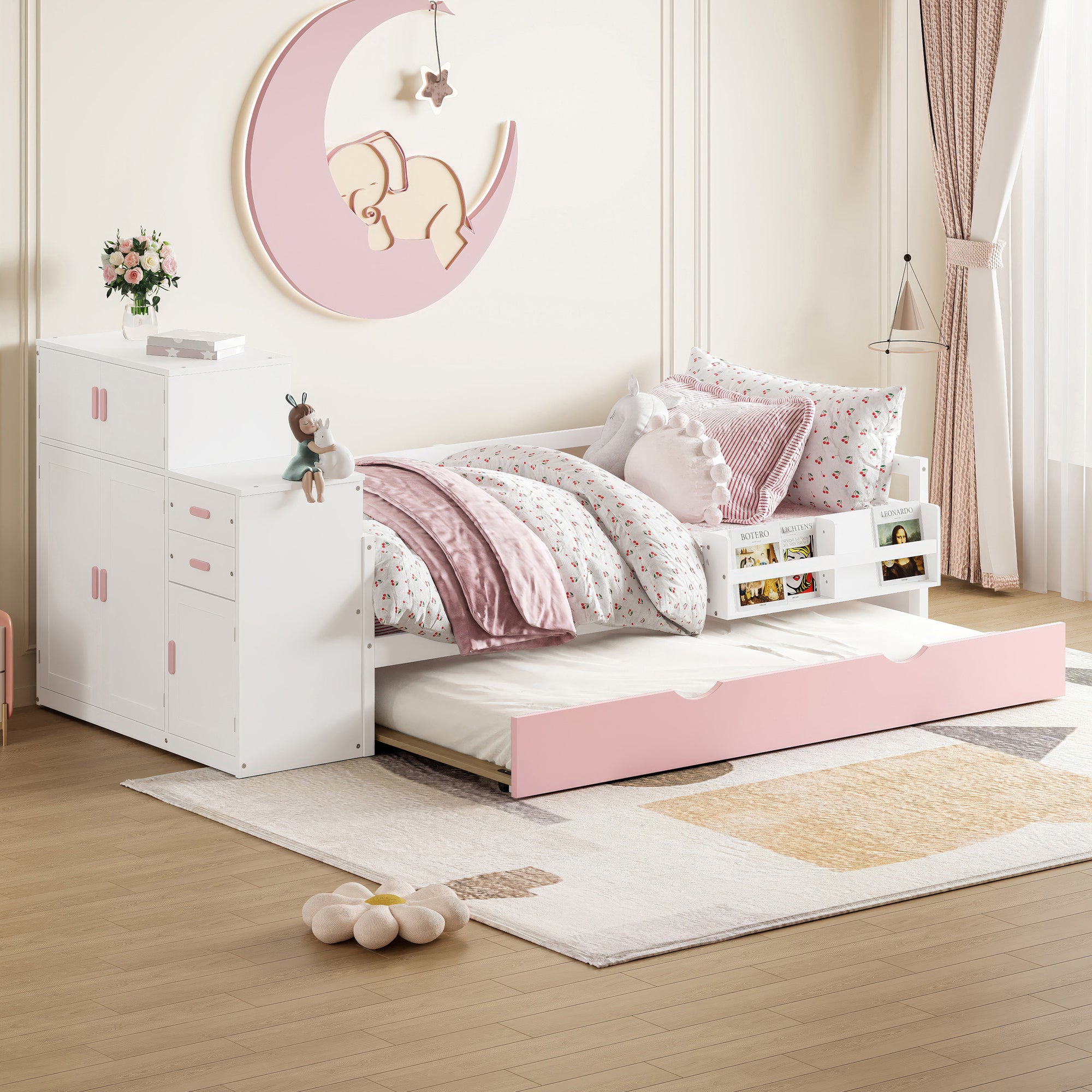 Pink Twin Wood Platform Bed with Bookshelf, Wardrobe & Trundle
