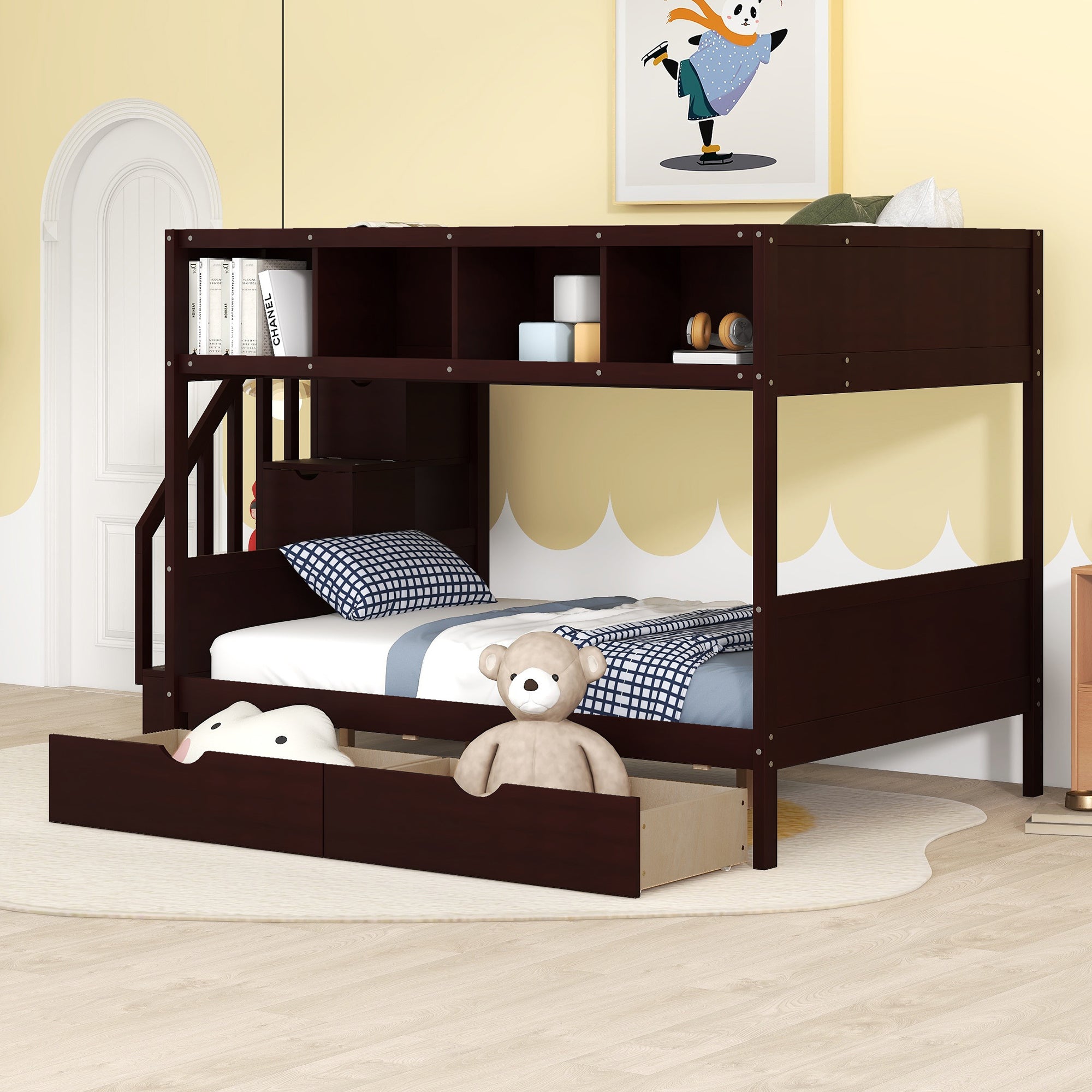 Twin/Full Bunk Bed w/ Storage, Shelves, Stairs, Drawers - Espresso