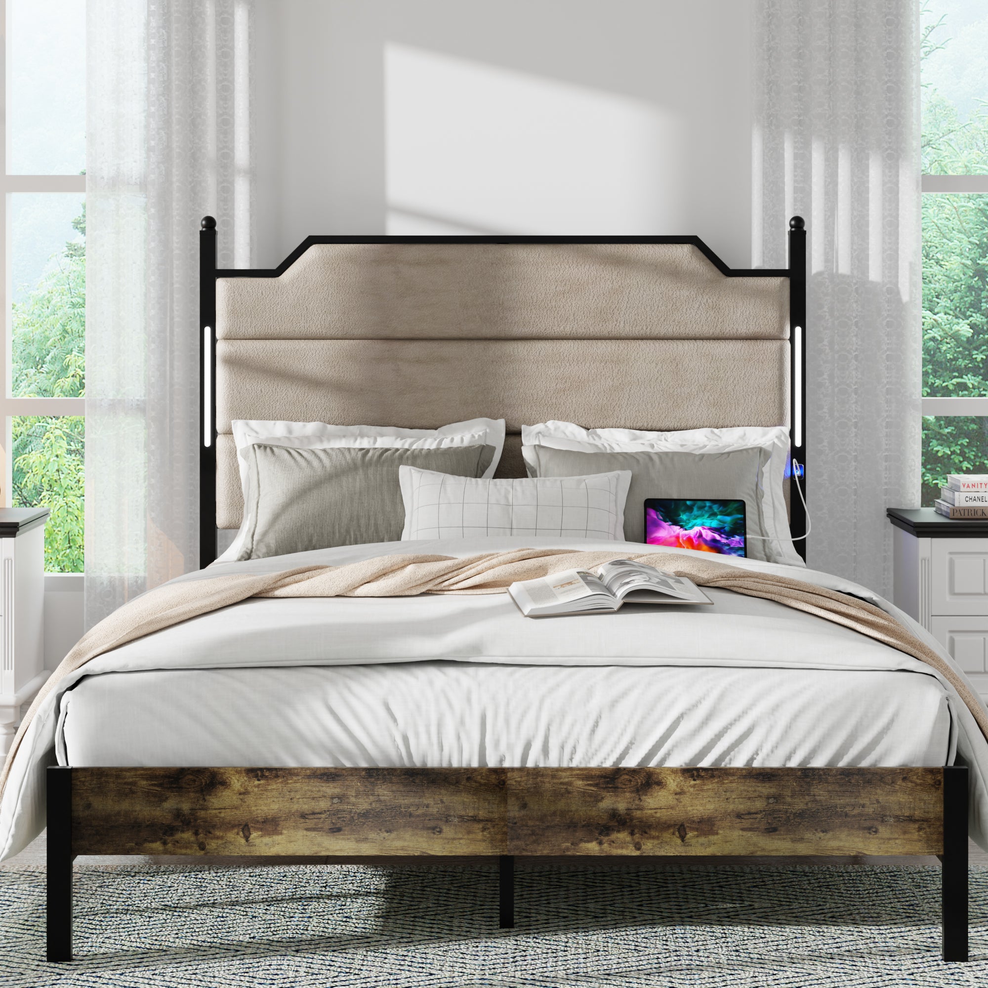 Queen Industrial Bed Frame Upholstered, LED, USB, No Box Spring