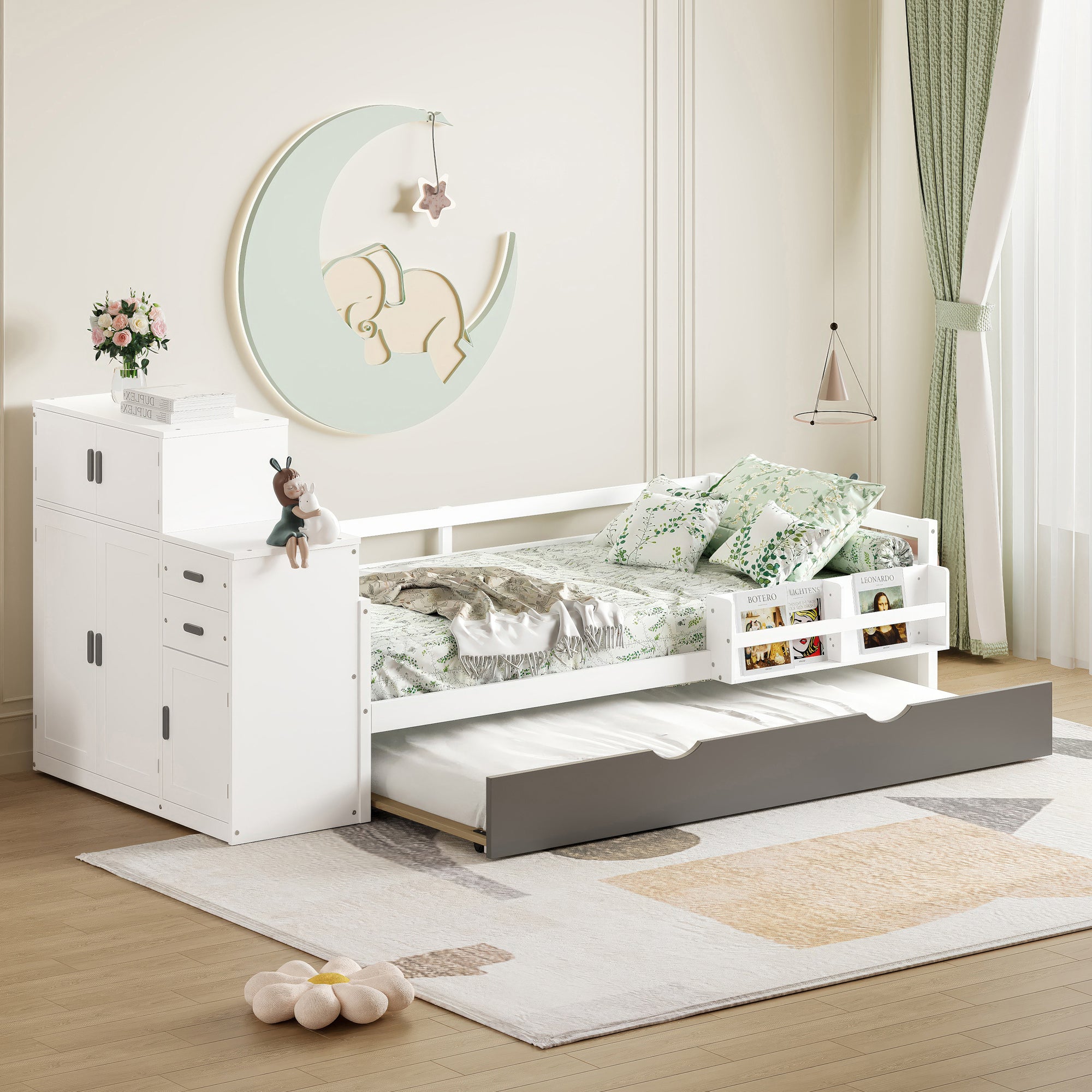 Twin Wood Platform Bed with Trundle & Storage (Bookshelf, Wardrobe) - White