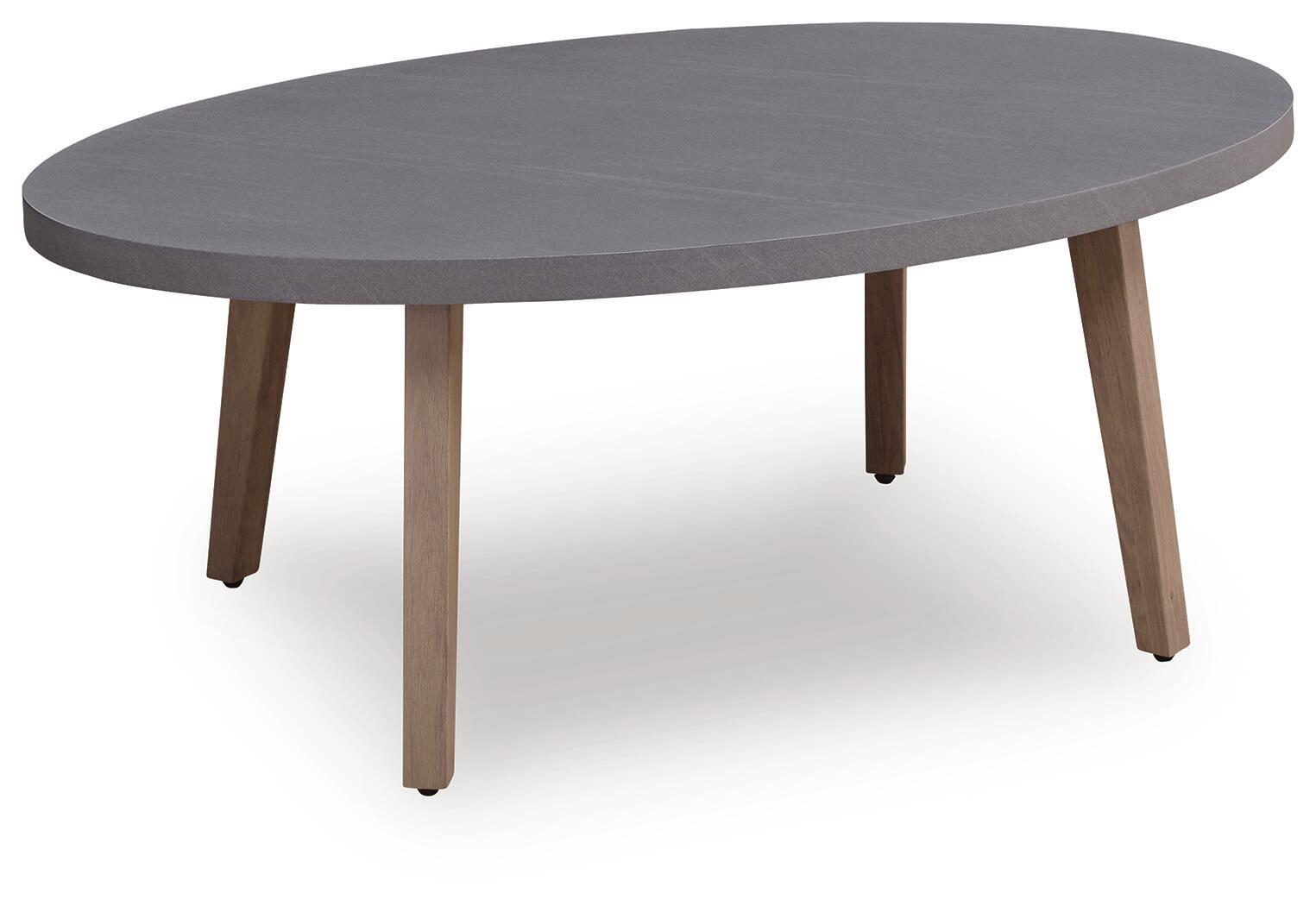 Oval gray tabletop cocktail table with four natural wood legs