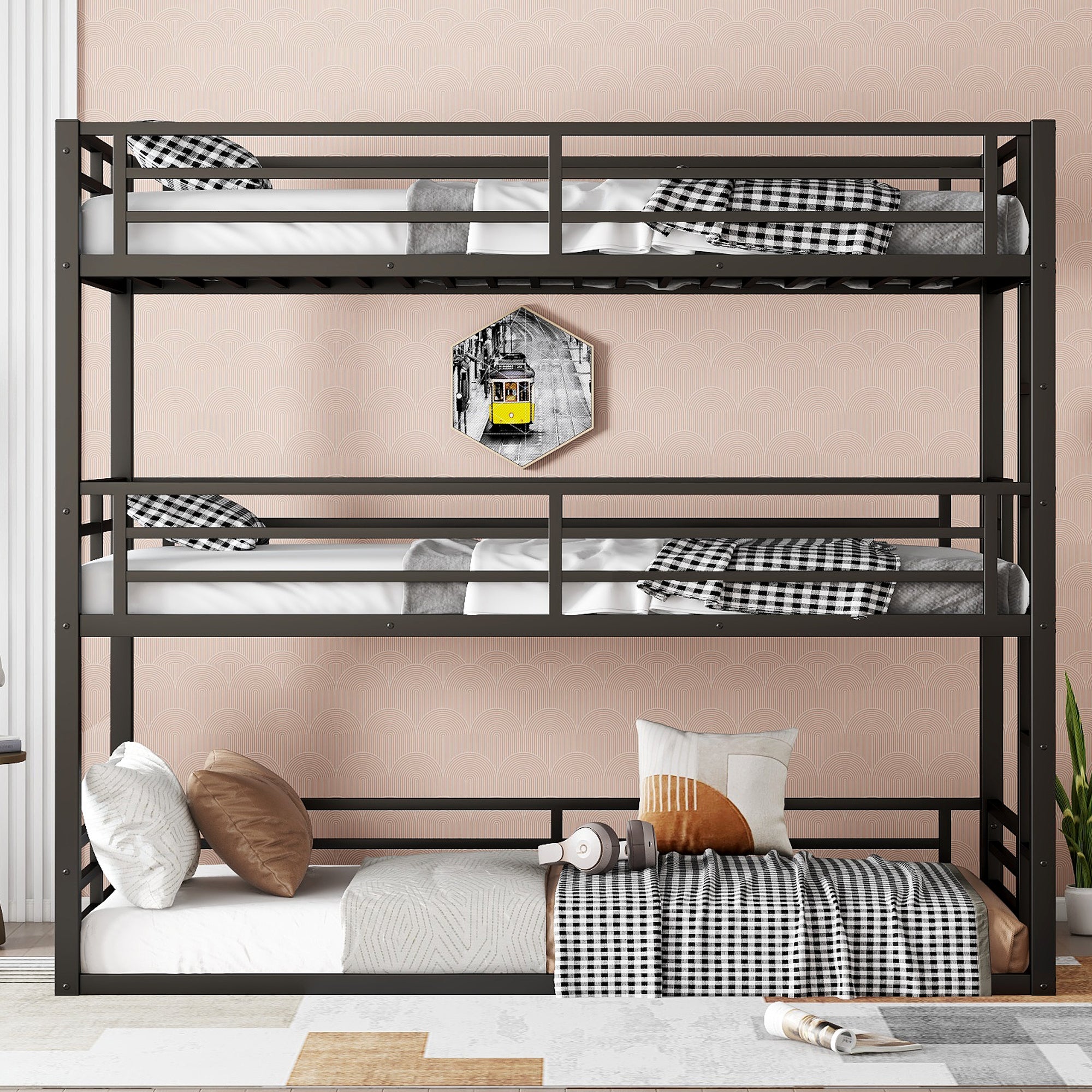 Twin XL Triple Bunk Bed Metal Heavy-Duty Black w/ Guardrails