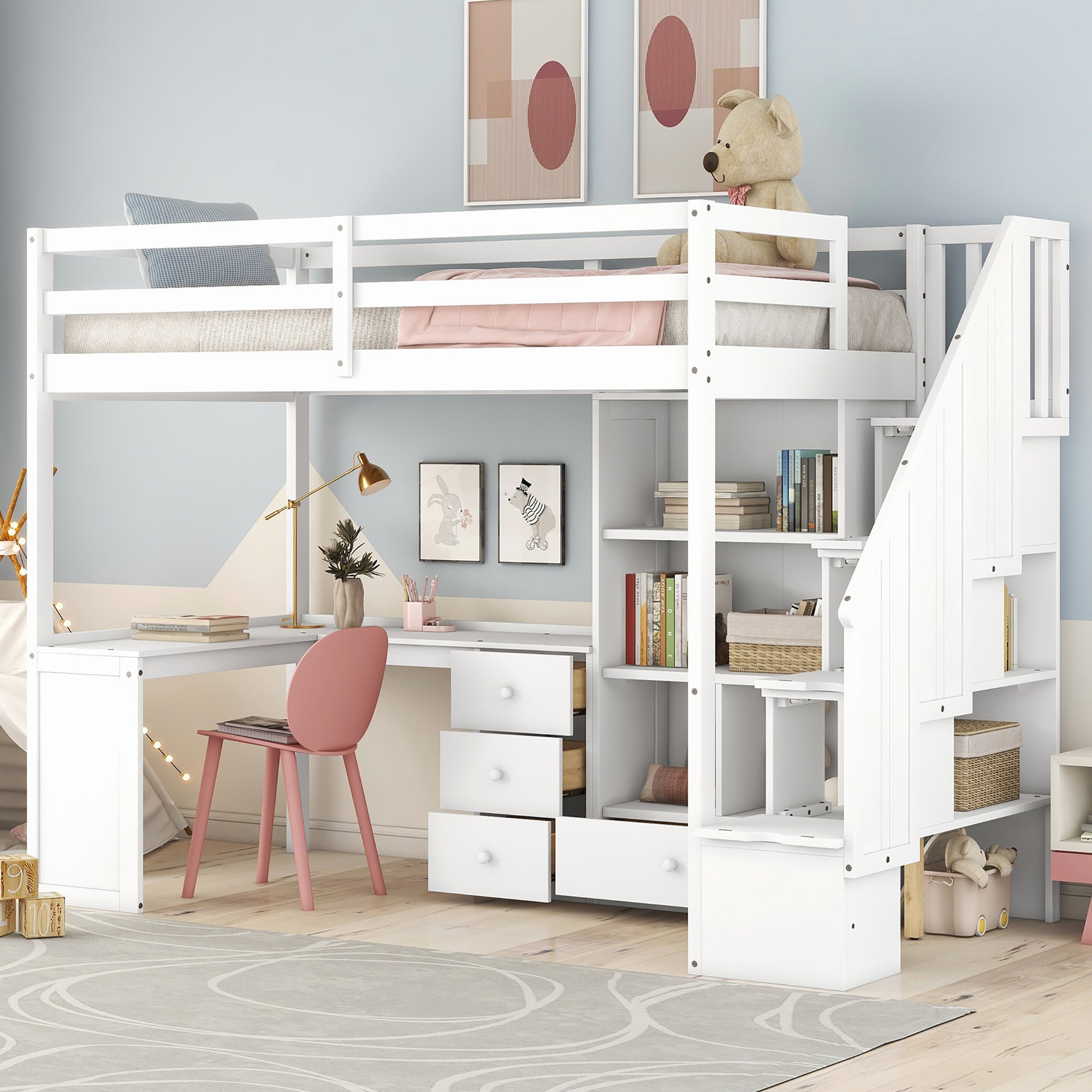 White Twin Loft Bed with L-Desk, Drawers, Cabinet, Staircase Storage